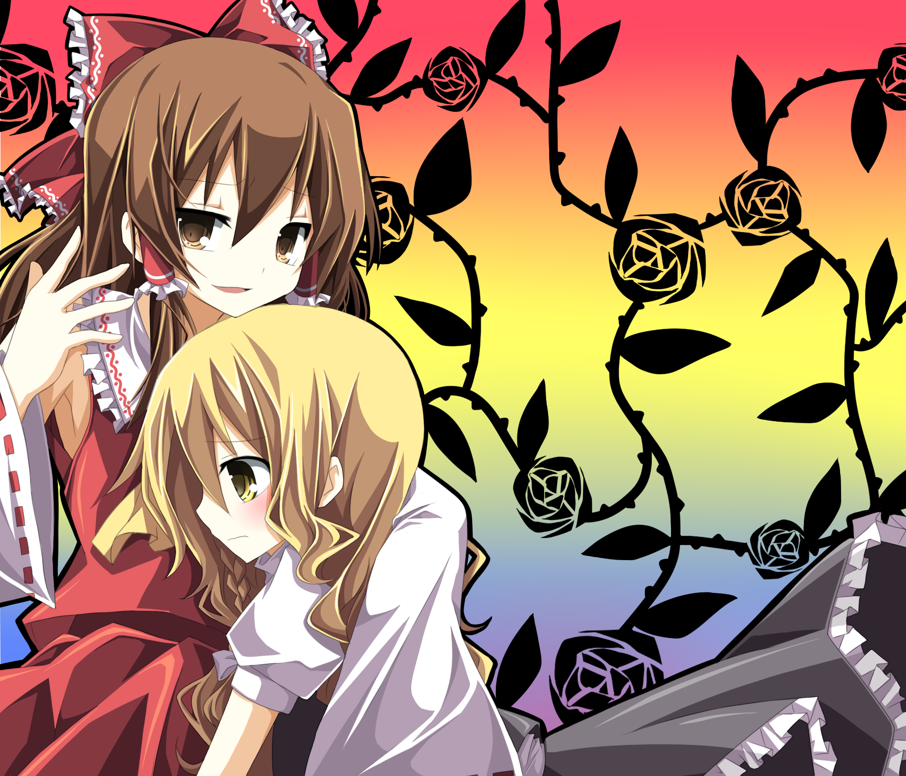 chiruku, hakurei reimu, kirisame marisa, touhou, bad id, bad pixiv id, highres, 2girls, blonde hair, braid, brown eyes, brown hair, female focus, hair ribbon, hug, japanese clothes, miko, multiple girls, rainbow background, ribbon, side braid, yellow eyes