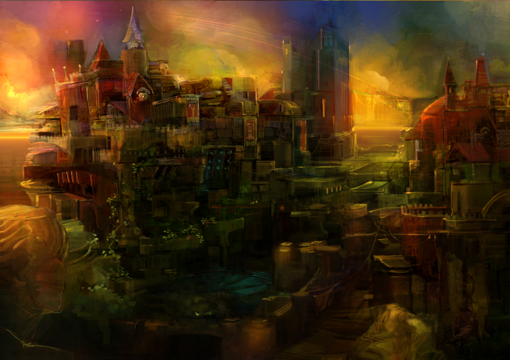 asigaru, original, bad id, bad pixiv id, building, city, cityscape, cloud, dusk, fantasy, scenery, sunset