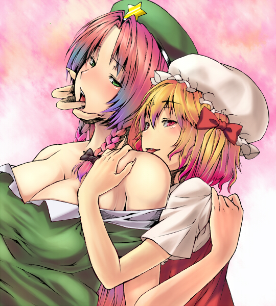inuzuka bouru, flandre scarlet, hong meiling, embodiment of scarlet devil, touhou, bad id, bad pixiv id, 2girls, bare shoulders, blonde hair, bow, breasts, cleavage, female focus, green eyes, hair bow, hat, huge breasts, large breasts, multiple girls, red eyes, red hair, yuri