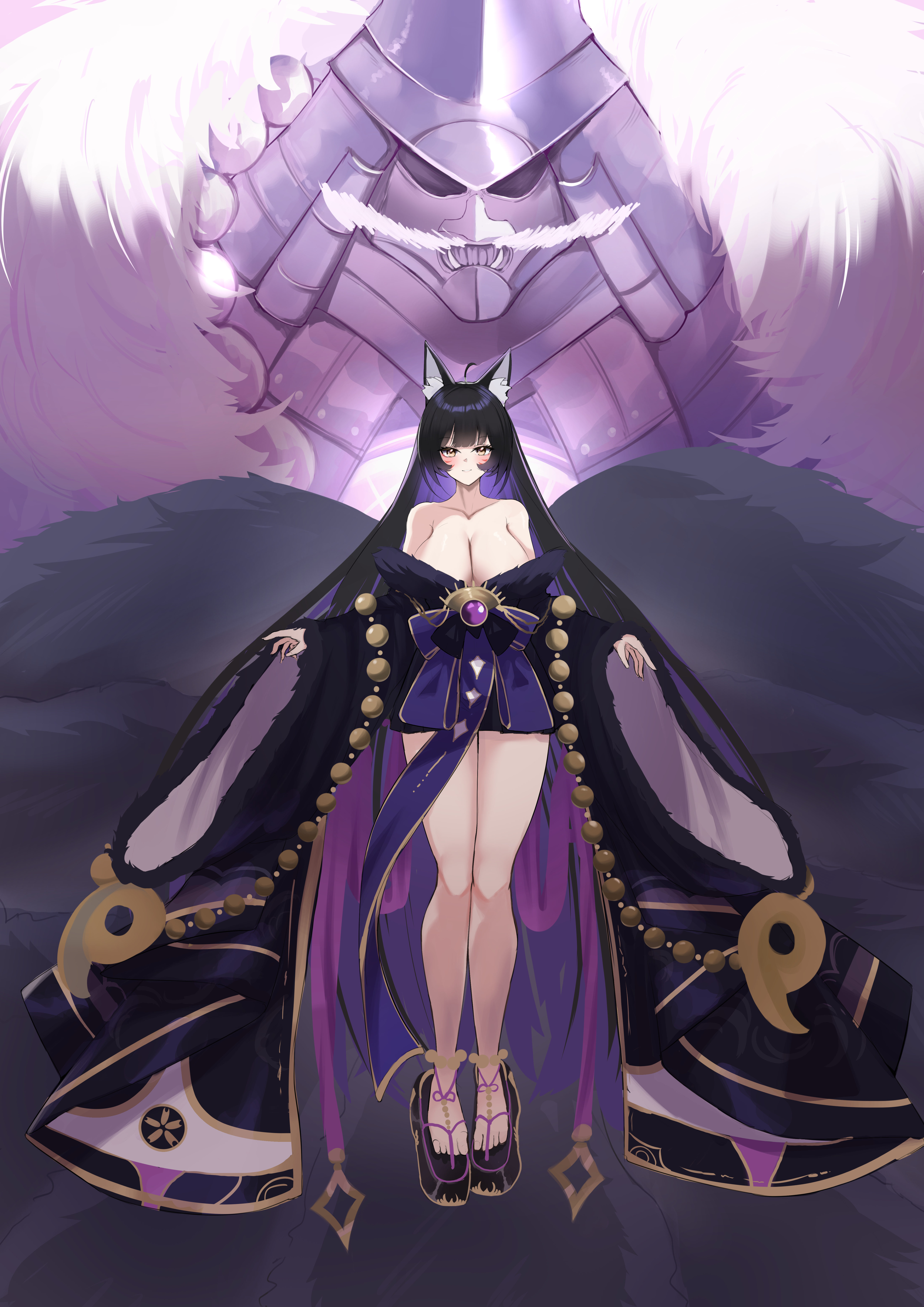 febicoron, musashi (azur lane), azur lane, absurdres, highres, 1girl, ahoge, animal ear fluff, animal ears, armpit crease, bare shoulders, black hair, blush, bow, breasts, cleavage, collarbone, facial mark, fox ears, fox tail, kitsune, kyuubi, large breasts, large tail, long hair, looking at viewer, multicolored hair, multiple tails, off shoulder, parted lips, purple hair, smile, solo, tail, teeth, thighs, yellow eyes