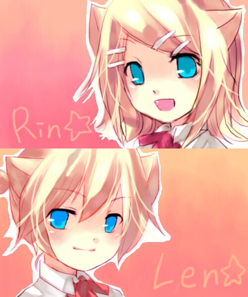 taroll, kagamine len, kagamine rin, vocaloid, bad id, bad pixiv id, 1boy, 1girl, animal ears, blonde hair, blue eyes, brother and sister, cat ears, fang, short hair, siblings, twins
