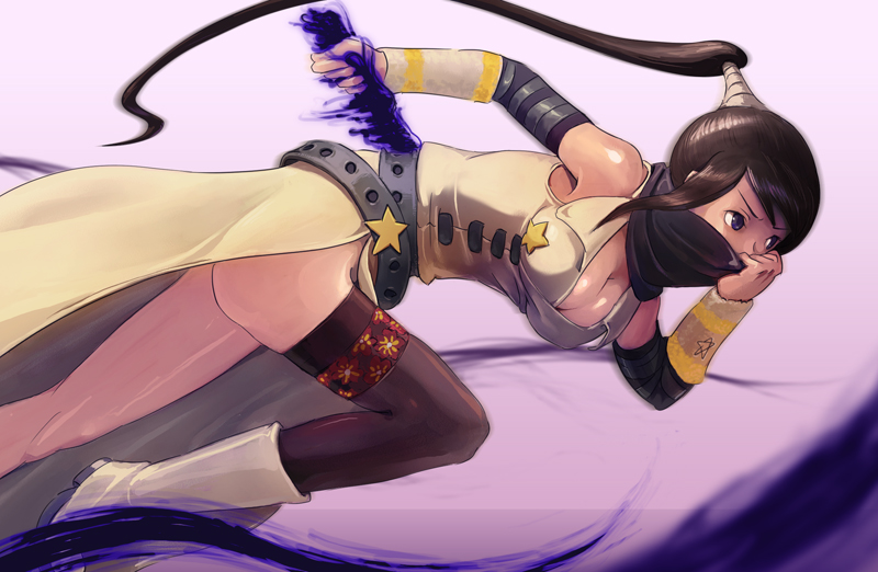 roten, nakatsukasa tsubaki, soul eater, bad id, bad pixiv id, 00s, 1girl, belt, black hair, blue eyes, boots, breasts, cleavage, elbow gloves, female focus, gloves, long hair, ninja, ponytail, running, scarf, solo, sword, thighhighs, weapon
