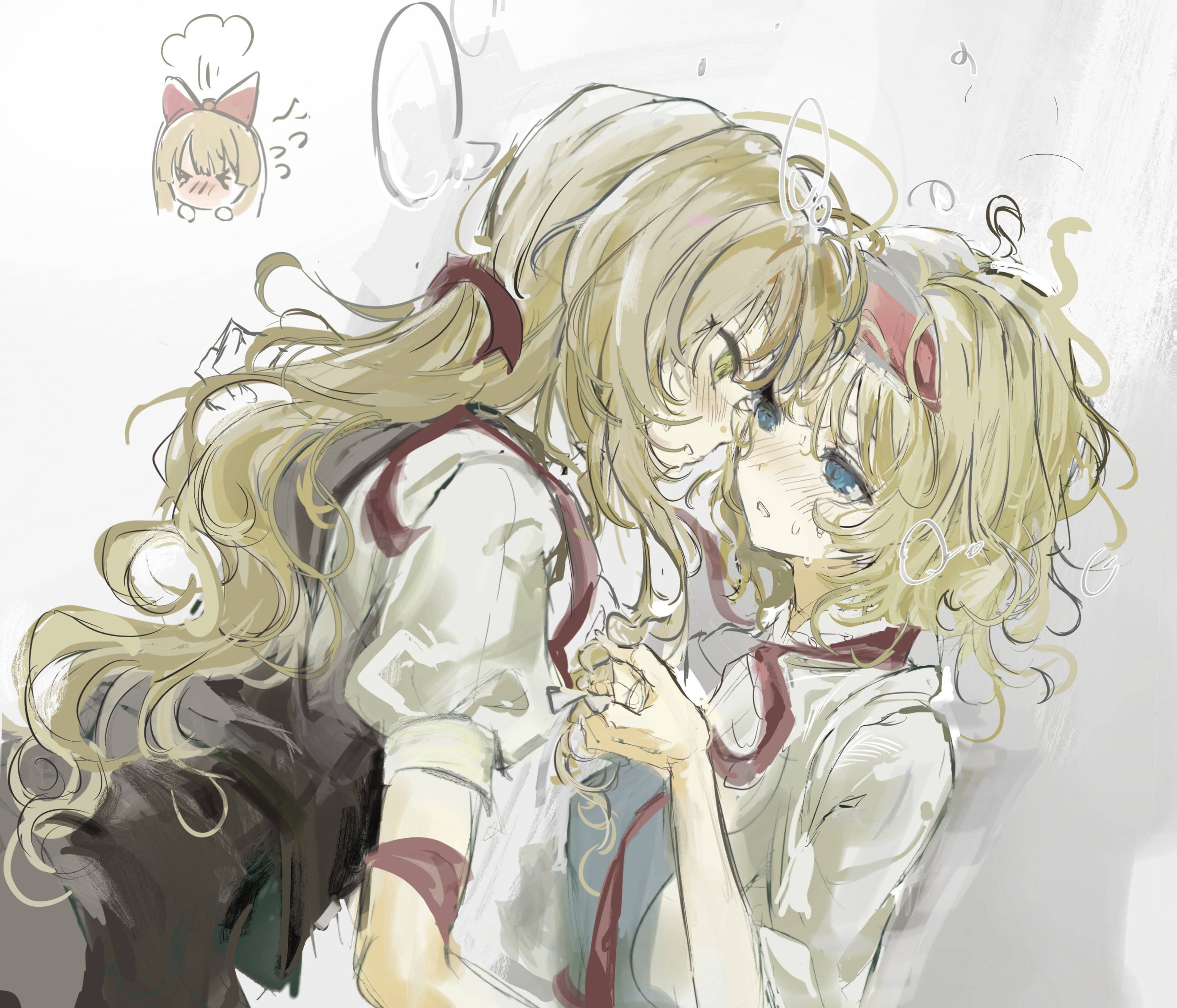 sesmkun, alice margatroid, kirisame marisa, shanghai doll, touhou, absurdres, highres, 2girls, black dress, black vest, blonde hair, blue dress, blue eyes, blush, bow, capelet, closed mouth, dress, eye contact, hair bow, hairband, heavy breathing, long hair, looking at another, multiple girls, no headwear, puffy short sleeves, puffy sleeves, red bow, red hairband, red ribbon, ribbon, shirt, short hair, short sleeves, simple background, sketch, speech bubble, steam, upper body, vest, white background, white shirt, yellow eyes, yuri