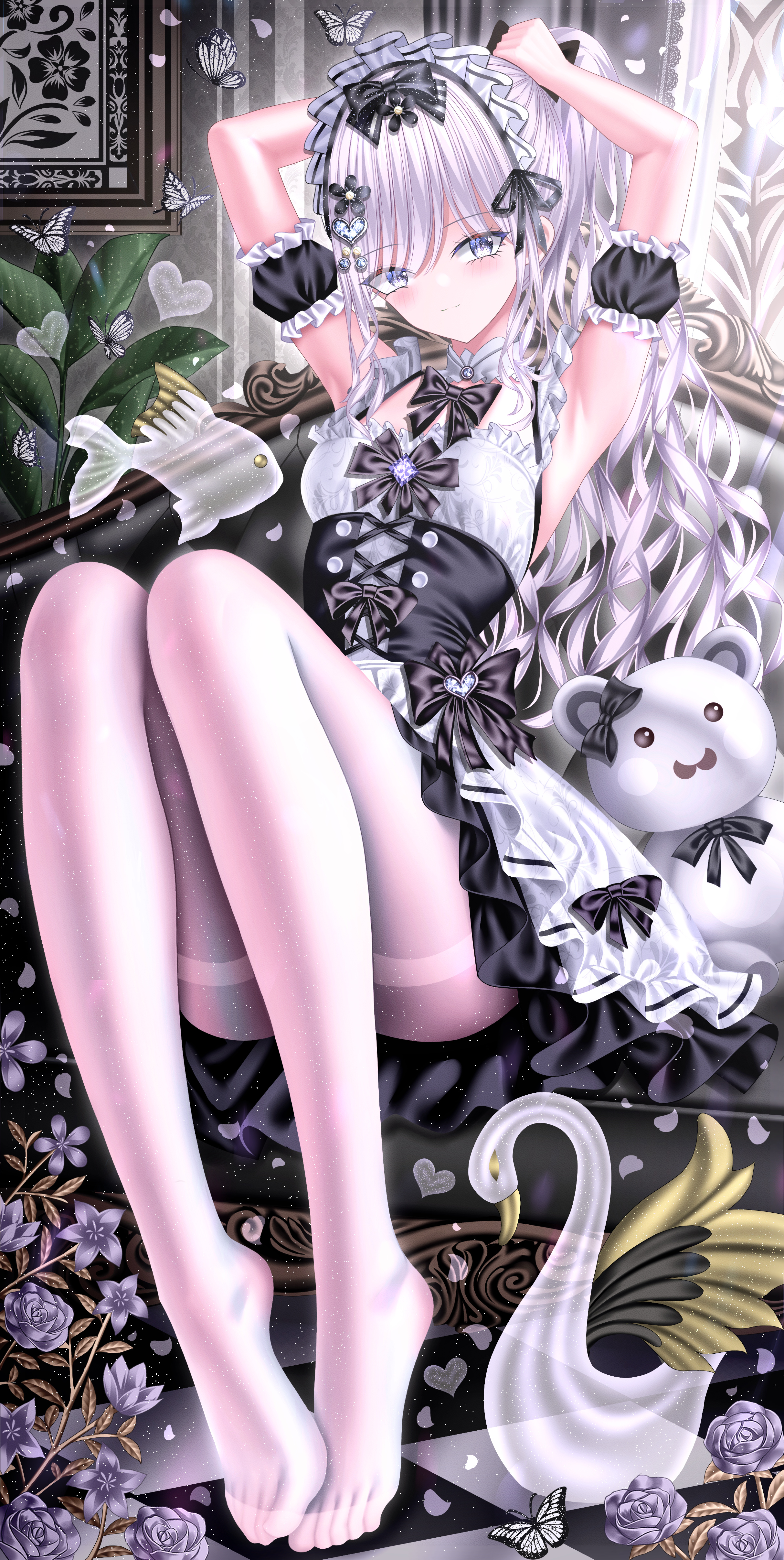 tina (tinafya), original, absurdres, commentary, highres, symbol-only commentary, 1girl, armpits, arms up, bird, black bow, black bowtie, black corset, black sleeves, blue eyes, blush, bow, bowtie, breasts, bug, butterfly, chair, checkered floor, closed mouth, corset, cross-laced clothes, cross-laced corset, detached collar, detached sleeves, eyelashes, feet, fish, flower, flying fish, frilled shirt, frilled sleeves, frills, full body, hair flower, hair ornament, heart, heart hair ornament, indoors, insect, knees up, long hair, long legs, maid, maid headdress, medium breasts, no shoes, pantyhose, picture frame, plant, purple flower, shirt, sleeveless, sleeveless shirt, smile, solo, stuffed animal, stuffed toy, swan, teddy bear, thighband pantyhose, tile floor, tiles, tying hair, very long hair, wavy hair, white butterfly, white hair, white pantyhose, white shirt, white sloirt
