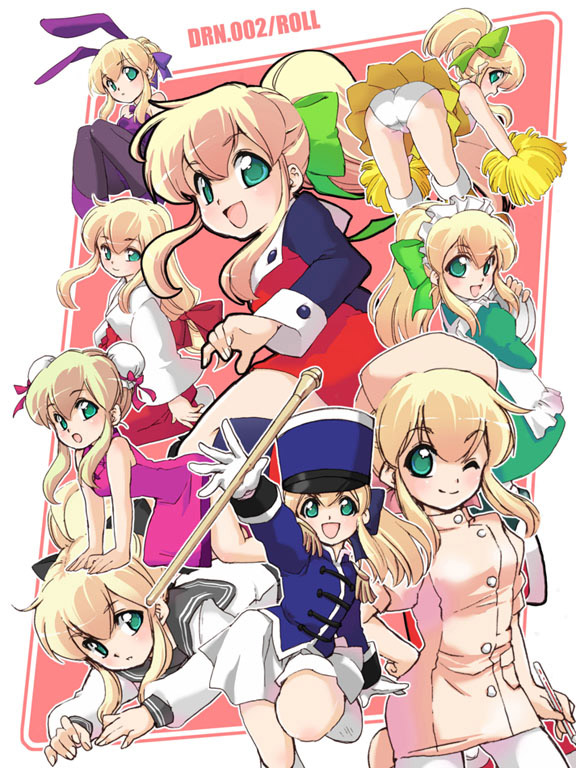 tessai, roll (mega man), capcom, mega man (classic), mega man (series), 1girl, animal ears, apron, ass, band uniform, blonde hair, cheerleader, china dress, chinese clothes, dress, fake animal ears, gloves, green eyes, japanese clothes, maid, maid apron, majorette, marching band baton, miko, nurse, one eye closed, panties, pantyhose, pantyshot, playboy bunny, pleated skirt, rabbit ears, school uniform, serafuku, skirt, underwear, upskirt, white panties, white pantyhose, wink