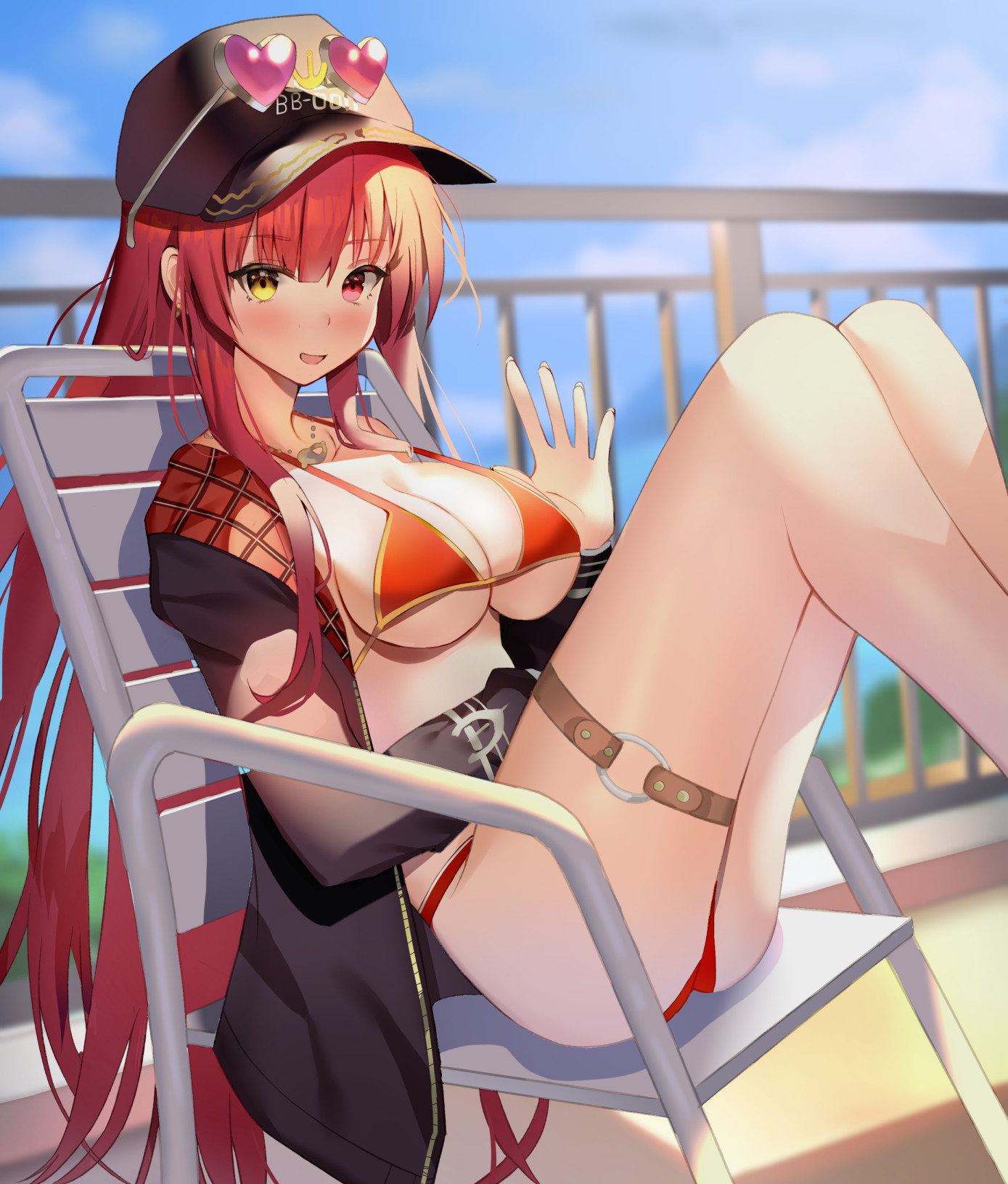 aa44, houshou marine, houshou marine (summer), hololive, highres, 1girl, bare legs, bikini, black hat, black jacket, blue sky, breasts, chair, cleavage, cloud, earrings, eyewear on head, feet out of frame, gold earrings, gold necklace, hat, heart, heart-shaped eyewear, heart earrings, heart necklace, heterochromia, jacket, jewelry, knees up, large breasts, legs, long hair, looking at viewer, necklace, o-ring, o-ring thigh strap, official alternate hair length, official alternate hairstyle, on chair, open mouth, outdoors, red bikini, red eyes, red hair, sky, smile, solo, sunglasses, swimsuit, thigh strap, virtual youtuber, yellow eyes