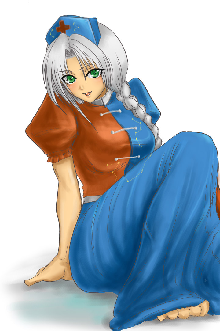 black cat crash, erugiza, yagokoro eirin, touhou, silver hair, bad id, bad pixiv id, 1girl, barefoot, braid, breasts, female focus, green eyes, side braid, sitting, solo, white background