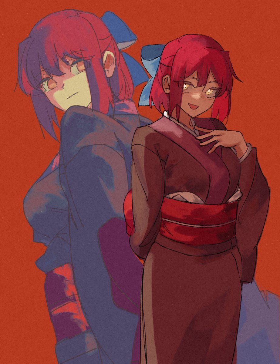 ezekquel, kohaku (tsukihime), melty blood, tsukihime, type-moon, highres, 1girl, :d, arm behind back, arms at sides, blank stare, blue bow, bow, breasts, brown kimono, cowboy shot, empty eyes, evil smile, expressionless, from below, hair bow, half updo, hand on own chest, japanese clothes, kimono, long sleeves, looking back, looking to the side, maid, medium breasts, multiple expressions, multiple views, obi, open mouth, red background, red hair, ribbon, sash, short hair, sideways glance, smile, staring, wa maid, yellow eyes