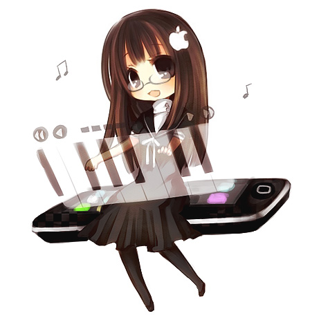 aruya (flosrota), iphoneko, apple inc., original, lowres, 1girl, brown eyes, brown hair, cellphone, female focus, food-themed hair ornament, glasses, hair ornament, iphone, mini person, minigirl, phone, product girl, smartphone, solo