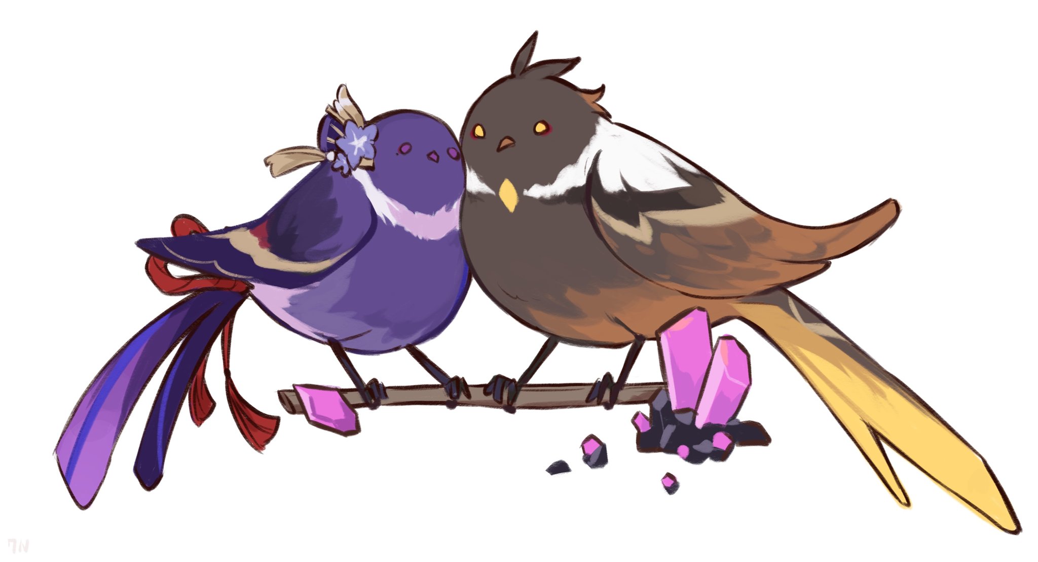 c520gpss, raiden shogun, zhongli (genshin impact), genshin impact, highres, animal, animalization, antenna hair, bird, bird wings, branch, brown bird, chinese clothes, couple, crystal, fan hair ornament, flower, flower ornament, hair ornament, on branch, orange eyes, purple bird, purple eyes, purple flower, simple background, white background, wings