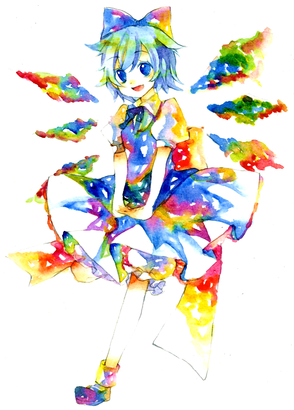 legomaru, cirno, touhou, bad id, bad pixiv id, highres, painting (medium), traditional media, watercolor (medium), 1girl, blue eyes, blue hair, colorful, dress, female focus, full body, matching hair/eyes, ribbon, short hair, simple background, solo, white background, wings