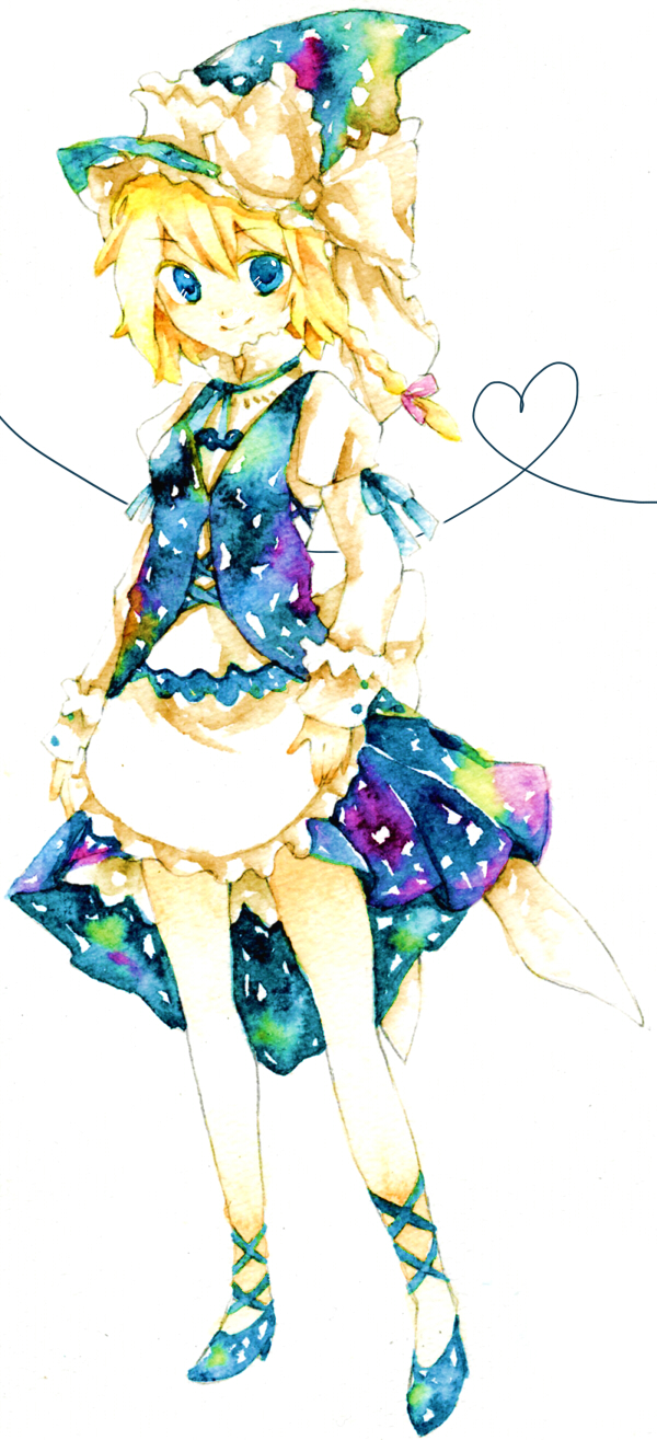 legomaru, kirisame marisa, touhou, bad id, bad pixiv id, highres, painting (medium), traditional media, watercolor (medium), 1girl, blonde hair, blue eyes, braid, colorful, female focus, full body, hat, ribbon, short hair, simple background, skirt, solo, white background, witch, witch hat