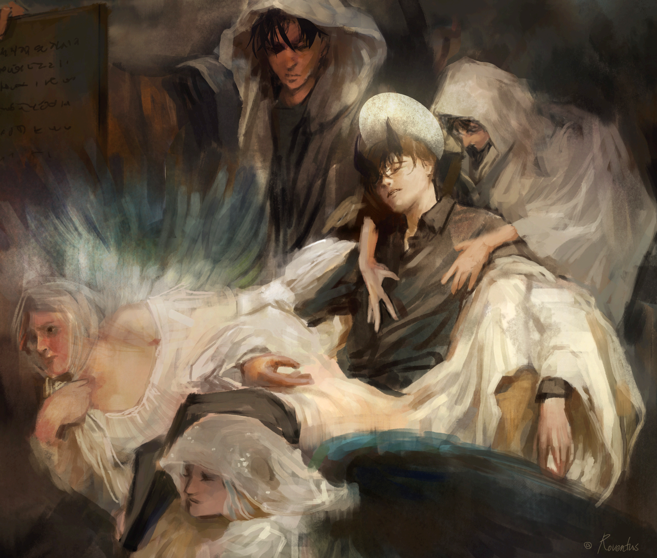 han sooyoung, kim dokja, yoo joonghyuk, omniscient reader's viewpoint, character request, highres, parody request, 2boys, 3girls, arm up, black hair, black shirt, closed eyes, collared shirt, demon horns, everyone, hand on another's chest, head tilt, hood, horns, leaning back, moon behind head, multiple boys, multiple girls, off-shoulder shirt, off shoulder, official alternate costume, painterly, parted lips, robe, roventus, scroll, shirt, short hair, white robe