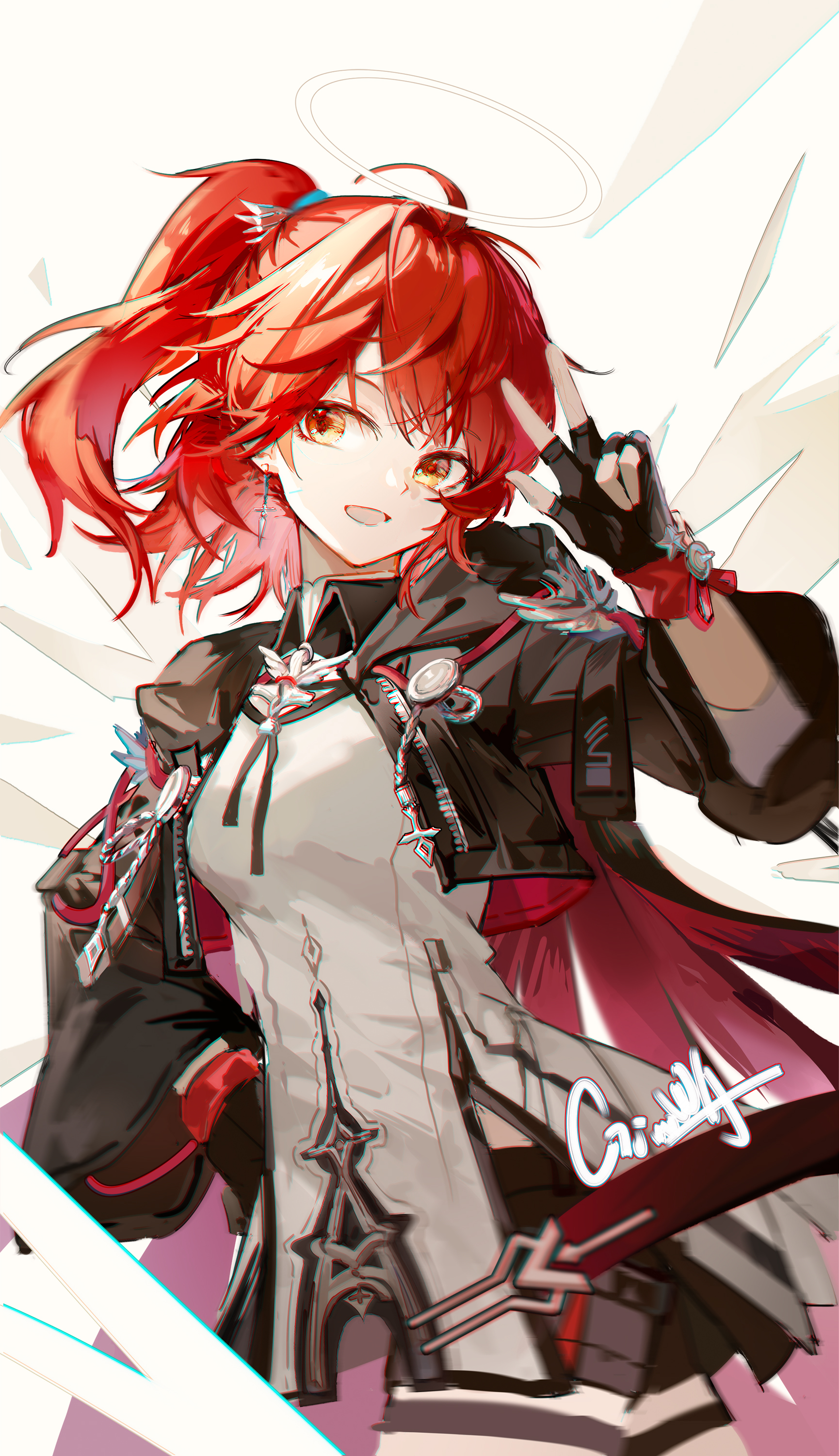 shengxianxiaoyupian, exusiai (arknights), exusiai the new covenant (arknights), arknights, absurdres, chinese commentary, commentary, highres, 1girl, :d, ahoge, black gloves, black jacket, black shorts, cape, chromatic aberration, collared shirt, cowboy shot, cropped jacket, earrings, energy wings, fingerless gloves, gloves, halo, hand on own hip, hand up, hood, hooded jacket, jacket, jewelry, looking at viewer, one side up, open clothes, open jacket, open mouth, red cape, red eyes, shirt, short hair, short shorts, shorts, signature, smile, solo, thigh strap, v, white background, white shirt