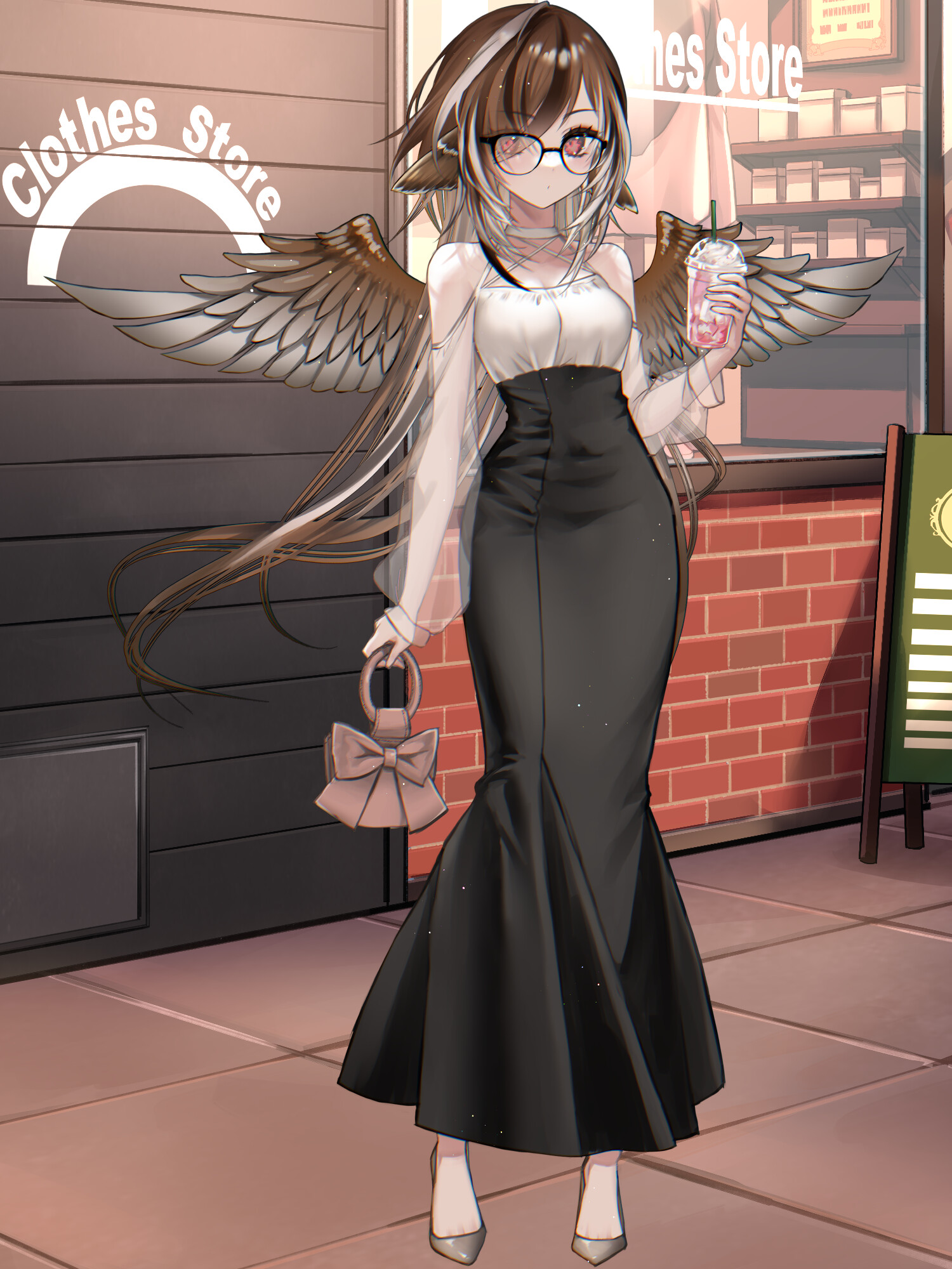 ybs pbw, dairoku ryouhei, highres, 1girl, bag, black-framed eyewear, black dress, brown hair, brown wings, cup, day, disposable cup, dress, drinking straw, eleanor victoria, feathered wings, glasses, halterneck, handbag, holding, multicolored hair, outdoors, see-through clothes, see-through sleeves, solo, streaked hair, two-tone dress, white dress, wings