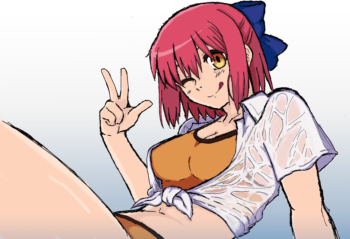 d8282not, kohaku (tsukihime), carnival phantasm, melty blood, tsukihime, tsukihime (remake), type-moon, 1girl, :q, alternate costume, arm at side, arm up, bikini, blue bow, bow, breasts, closed mouth, cowboy shot, from side, gradient background, hair bow, half updo, looking at viewer, one eye closed, orange bikini, reclining, red hair, ribbon, see-through clothes, shirt, short hair, smile, solo, swimsuit, thigh focus, tongue, tongue out, v, wet, wet clothes, wet shirt, white shirt, yellow eyes