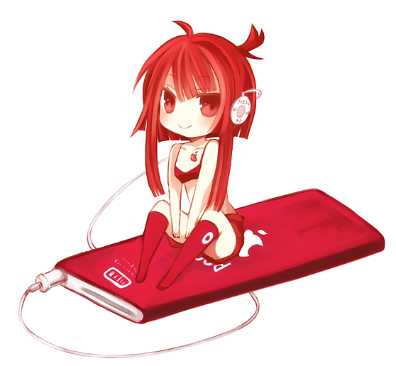 aruya (flosrota), aka-nanoko, apple inc., original, bad id, bad pixiv id, 1girl, bikini, bikini top only, digital media player, female focus, headphones, ipod, ipod nano, ipod nano 4g, mini person, minigirl, product girl, red bikini, red eyes, red hair, short shorts, shorts, solo, swimsuit