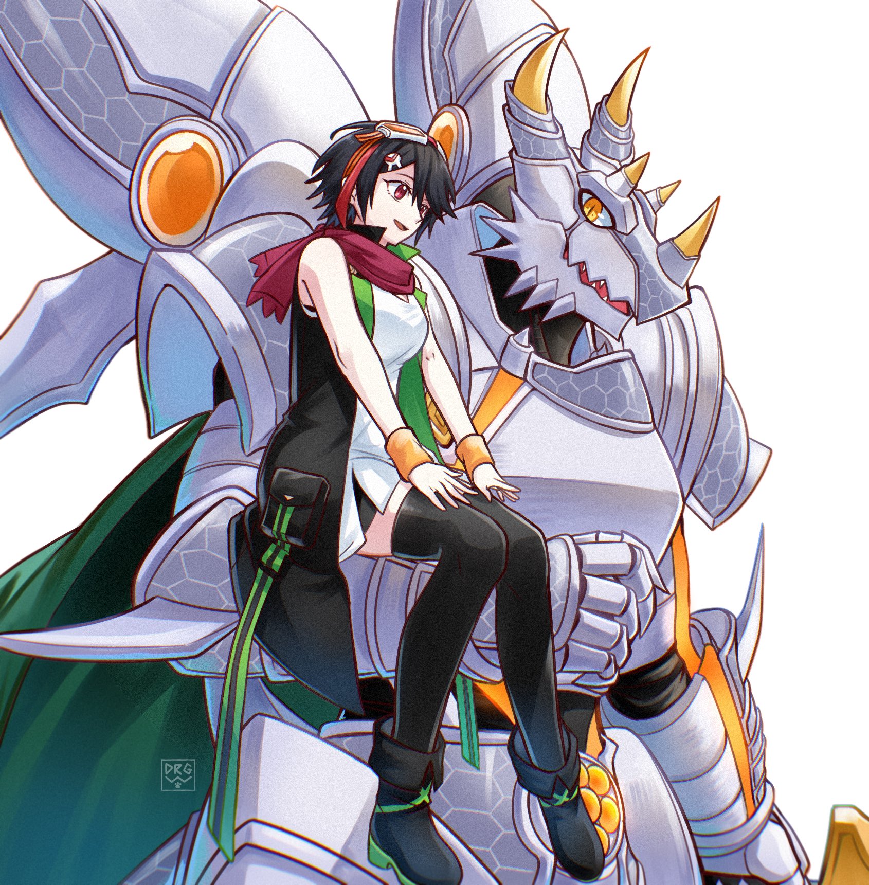 slayer dramonz, slayerdramon, digimon, original, highres, 1girl, armor, bare shoulders, black hair, black thighhighs, breasts, cowboy shot, digimon (creature), dragon, dress, full body, goggles, goggles on head, green vest, knight, large breasts, microdress, red scarf, scarf, short hair, simple background, thighhighs, vest, white background, white dress, yellow eyes