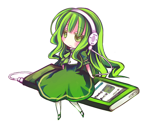 aruya, aruya (flosrota), ipod nano-ko, midori-nanoko, apple inc., original, bad id, bad pixiv id, lowres, digital media player, green eyes, green hair, headphones, ipod, long hair, mini person, minigirl, product girl, solo