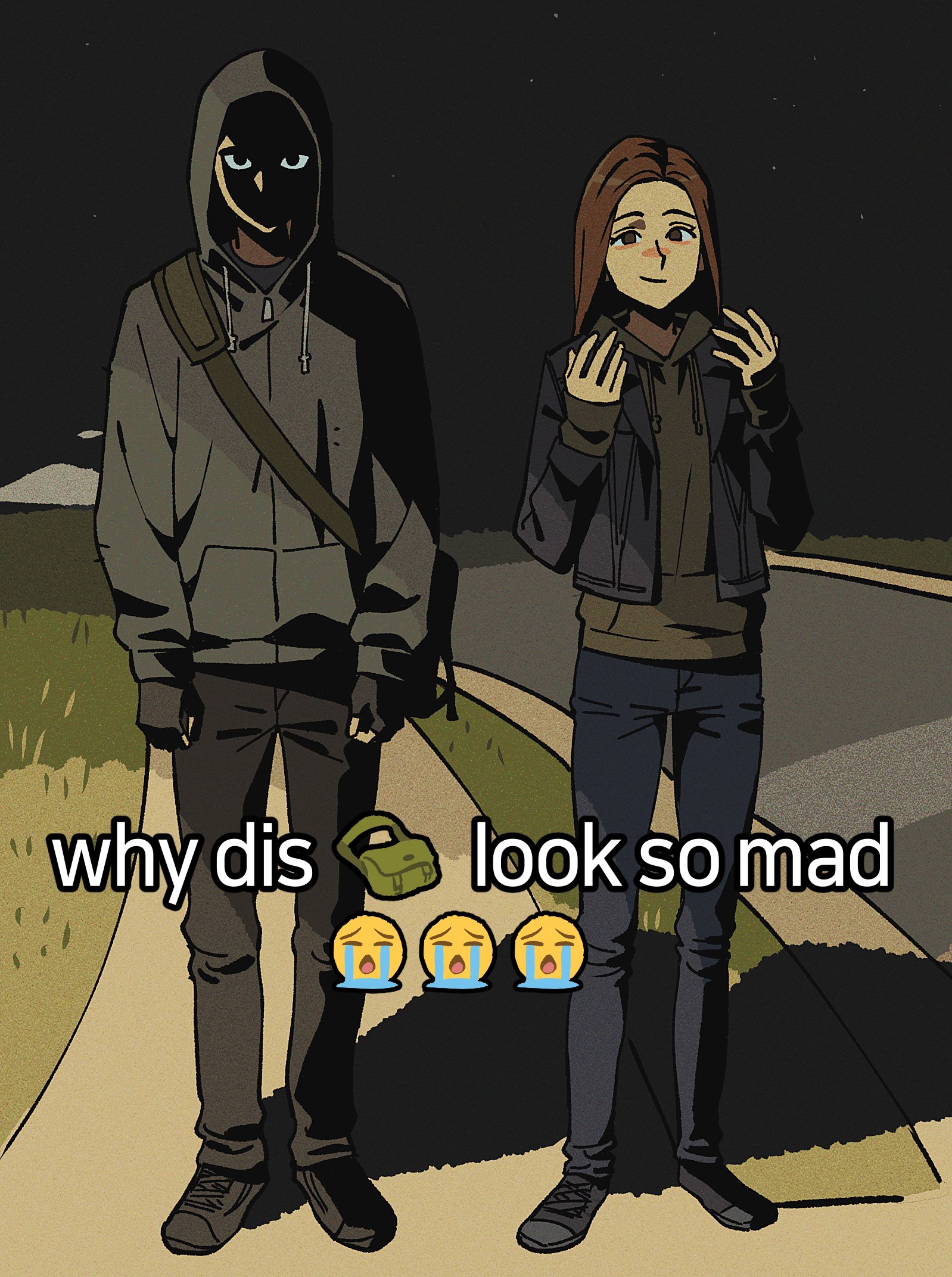 jo4hedan, simon henriksson, cry of fear, highres, 1boy, 1girl, aegyo sal, bag, black eyes, black gloves, brown eyes, brown hair, clenched hand, emoji, fingerless gloves, full body, gloves, green hoodie, grey hoodie, hands up, hood, hood down, hood up, hoodie, jacket, long hair, looking at viewer, meme, night, outdoors, parody, road, sepia, shaded face, shoulder bag, smile, sophie (cry of fear), standing, street, why dis ninja look so mad (meme)