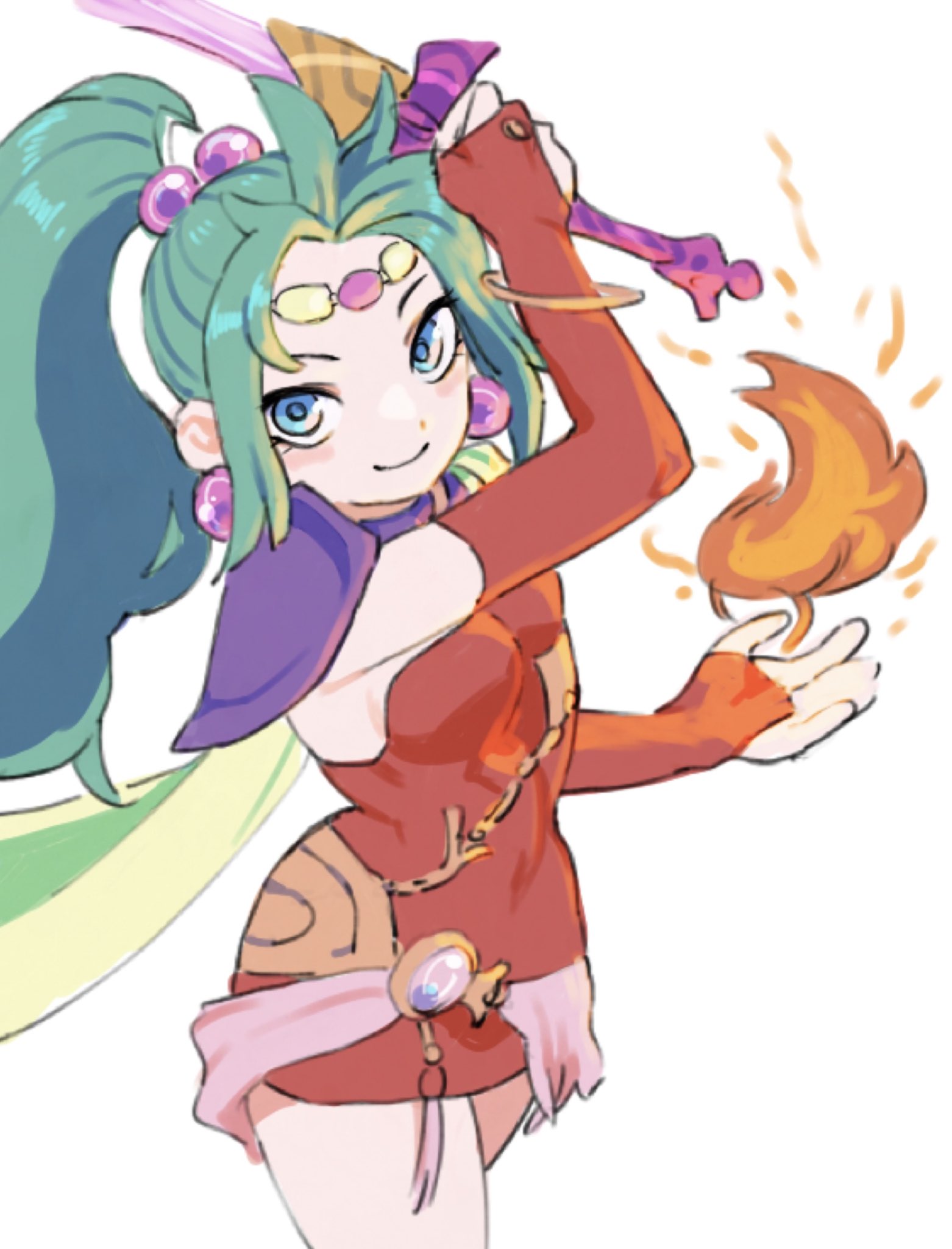 gan2, tina branford, final fantasy, final fantasy vi, commentary, highres, 1girl, arm up, armor, blue eyes, breasts, bridal gauntlets, cape, circlet, cowboy shot, detached sleeves, dress, earrings, elbow gloves, fire, gem, gloves, green cape, green hair, hair bobbles, hair ornament, hand up, high ponytail, holding, holding sword, holding weapon, jewelry, long hair, looking at viewer, magic, pauldrons, ponytail, purple gemstone, pyrokinesis, red gloves, sash, short dress, shoulder armor, shoulder pads, smile, solo, sphere earrings, strapless, strapless dress, sword, tube dress, waist sash, weapon