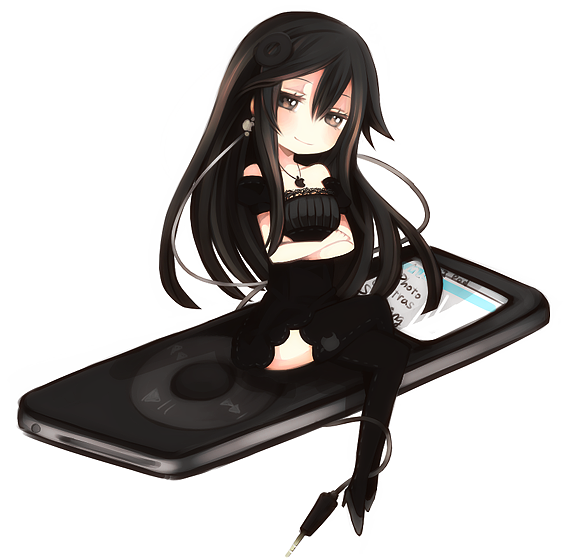 aruya (flosrota), kuro-nanoko, apple inc., original, bad id, bad pixiv id, 1girl, black eyes, black hair, boots, brown eyes, digital media player, female focus, ipod, ipod nano, ipod nano 2g, mini person, minigirl, product girl, solo, thigh boots, thighhighs, zettai ryouiki
