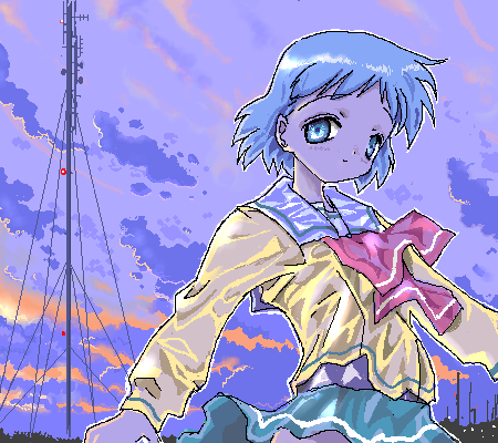 toshi (little-fluffy-cloud), tsukishima ruriko, shizuku (game), lowres, 1girl, blue eyes, blue hair, cloud, female focus, matching hair/eyes, oekaki, outdoors, school uniform, serafuku, short hair, skirt, sky, solo, sunset, yellow serafuku