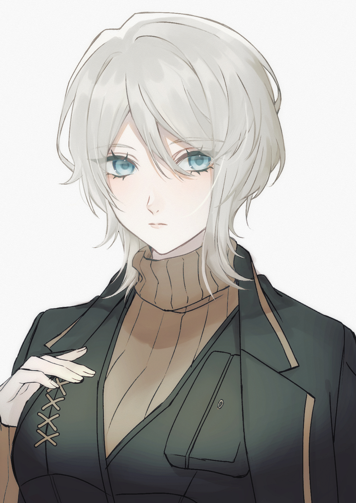faust (project moon), limbus company, project moon, highres, 1girl, black coat, black vest, blue eyes, breasts, coat, double-parted bangs, expressionless, hair between eyes, hand on own chest, looking at viewer, n nigiri, shirt, short hair, solo, striped clothes, striped shirt, turtleneck, upper body, vest, white hair