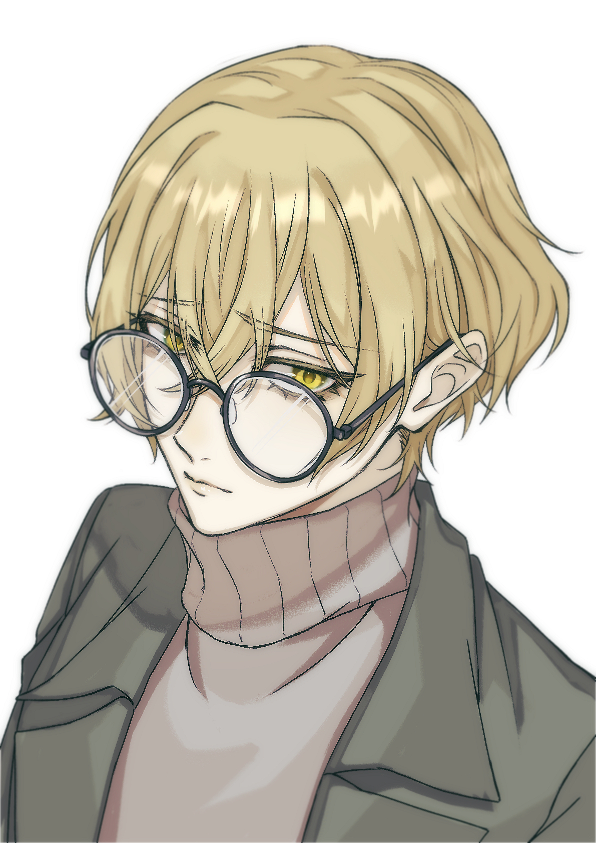 sinclair (project moon), limbus company, project moon, highres, 1boy, blonde hair, coat, double-parted bangs, glasses, green coat, hair between eyes, looking at viewer, male focus, n nigiri, nervous, short hair, solo, turtleneck, upper body, yellow eyes, zwei association south uniform