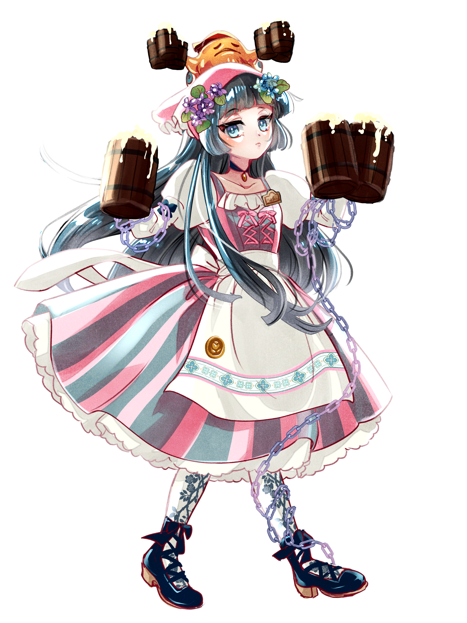 an jera, dairoku ryouhei, highres, 1girl, apron, barmaid, beer mug, black hair, black shoes, blue eyes, blunt bangs, chain, choker, cup, dress, flower, hair flower, hair ornament, hat, jewelry, long hair, long sleeves, looking at viewer, mug, name tag, necklace, pantyhose, pink hat, print pantyhose, puffy long sleeves, puffy sleeves, shoes, solo, toono michiko, transparent background, waist apron, white pantyhose