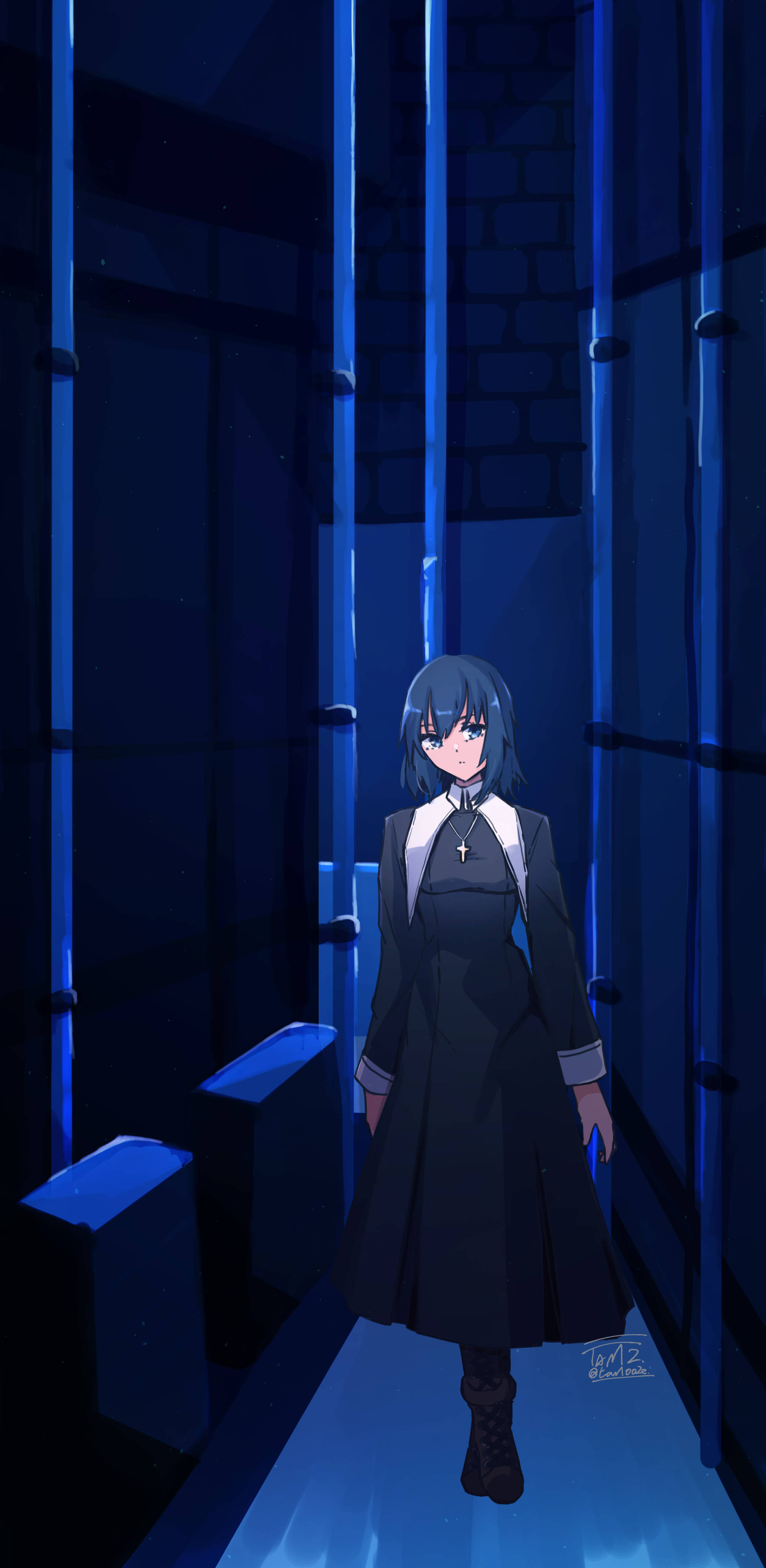 tam002, ciel (tsukihime), melty blood, tsukihime, tsukihime (remake), type-moon, absurdres, highres, 1girl, alley, arms at sides, black boots, blue dress, blue eyes, blue hair, blue skirt, boots, brick wall, city, collar, cross, cross necklace, dress, industrial pipe, jewelry, latin cross, leggings, long sleeves, looking afar, necklace, night, nun, short hair, skirt, solo, urban, walking, white collar, white wrist cuffs, wide shot, wrist cuffs