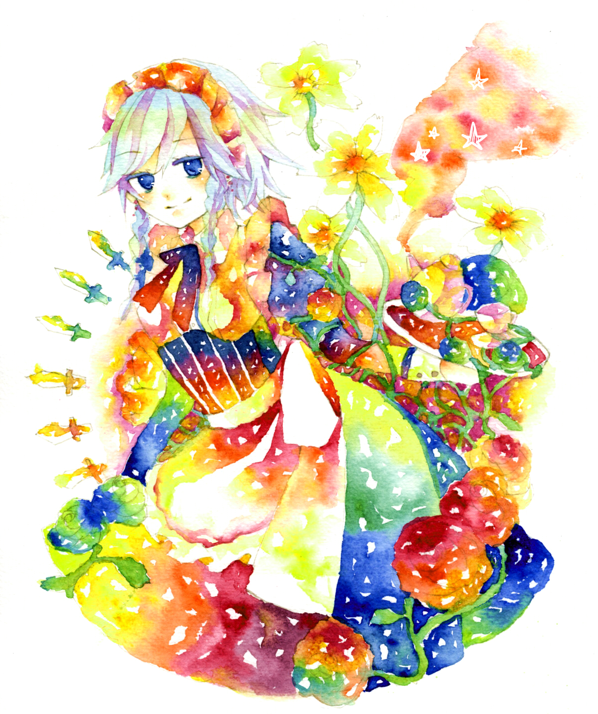 legomaru, izayoi sakuya, touhou, silver hair, bad id, bad pixiv id, highres, painting (medium), traditional media, watercolor (medium), 1girl, blue eyes, braid, colorful, female focus, flower, knife, maid, plant, short hair, solo, throwing knife, twin braids, weapon, white background