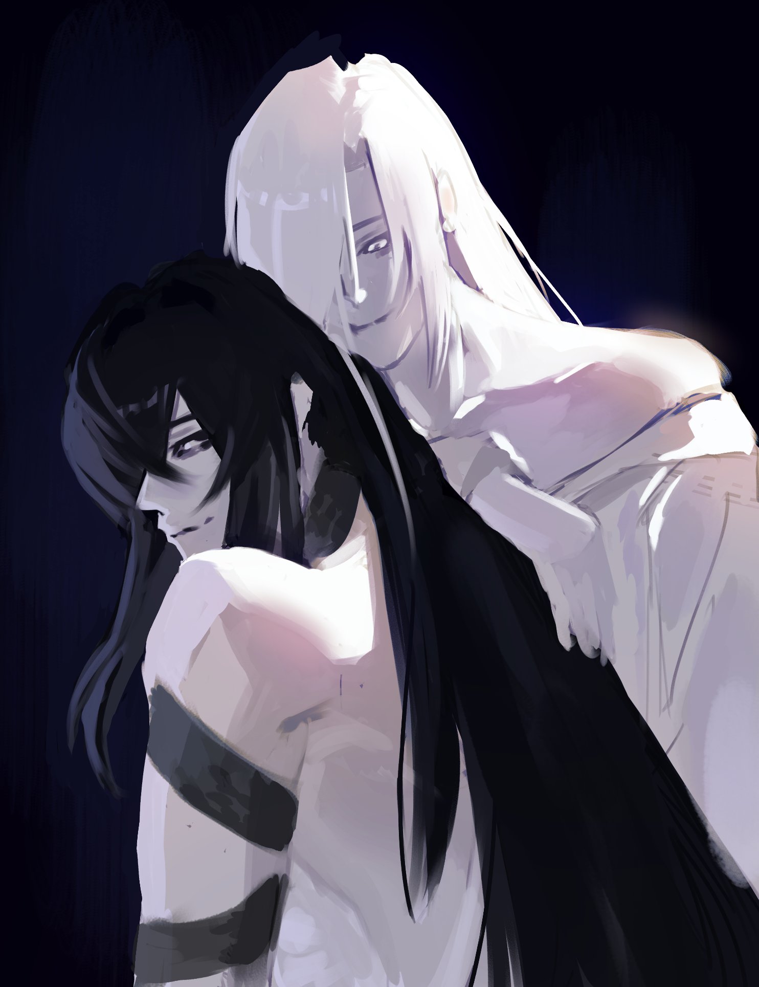 nephis (shadow slave), sunny (shadow slave), shadow slave, highres, 1boy, 1girl, arm tattoo, bad anatomy, bad hands, black eyes, black hair, breasts, covering privates, curtained hair, hair between eyes, hair over one eye, hand on another's back, hetero, jiejiepen, large breasts, long hair, looking at another, no shirt, painterly, sidelocks, smile, tattoo, upper body, white eyes, white hair