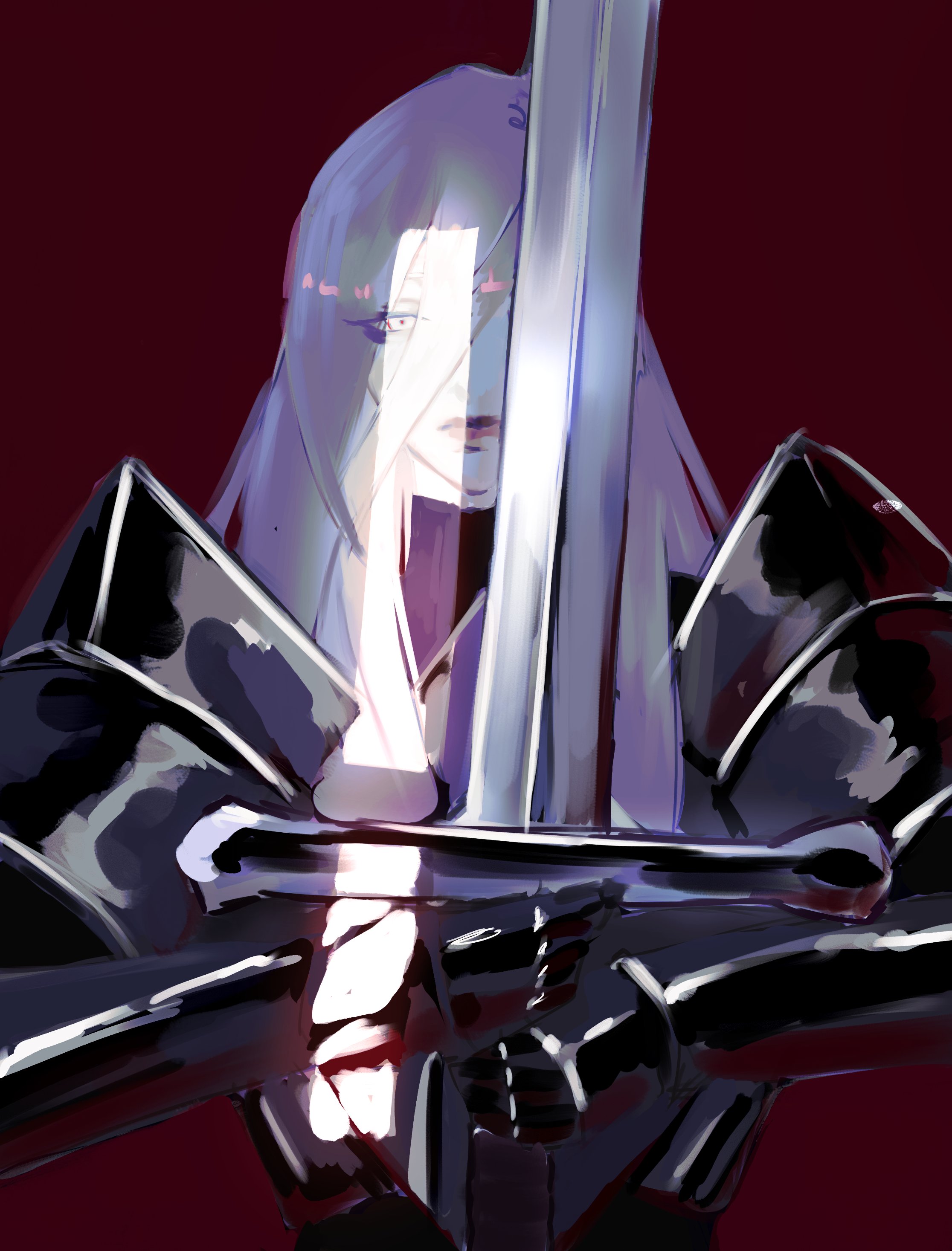 nephis (shadow slave), shadow slave, absurdres, highres, 1girl, armor, crack of light, greatsword, hair over shoulder, holding, holding sword, holding weapon, jiejiepen, long hair, looking at viewer, one eye covered, serious, solo, straight-on, sword, upper body, weapon, white hair