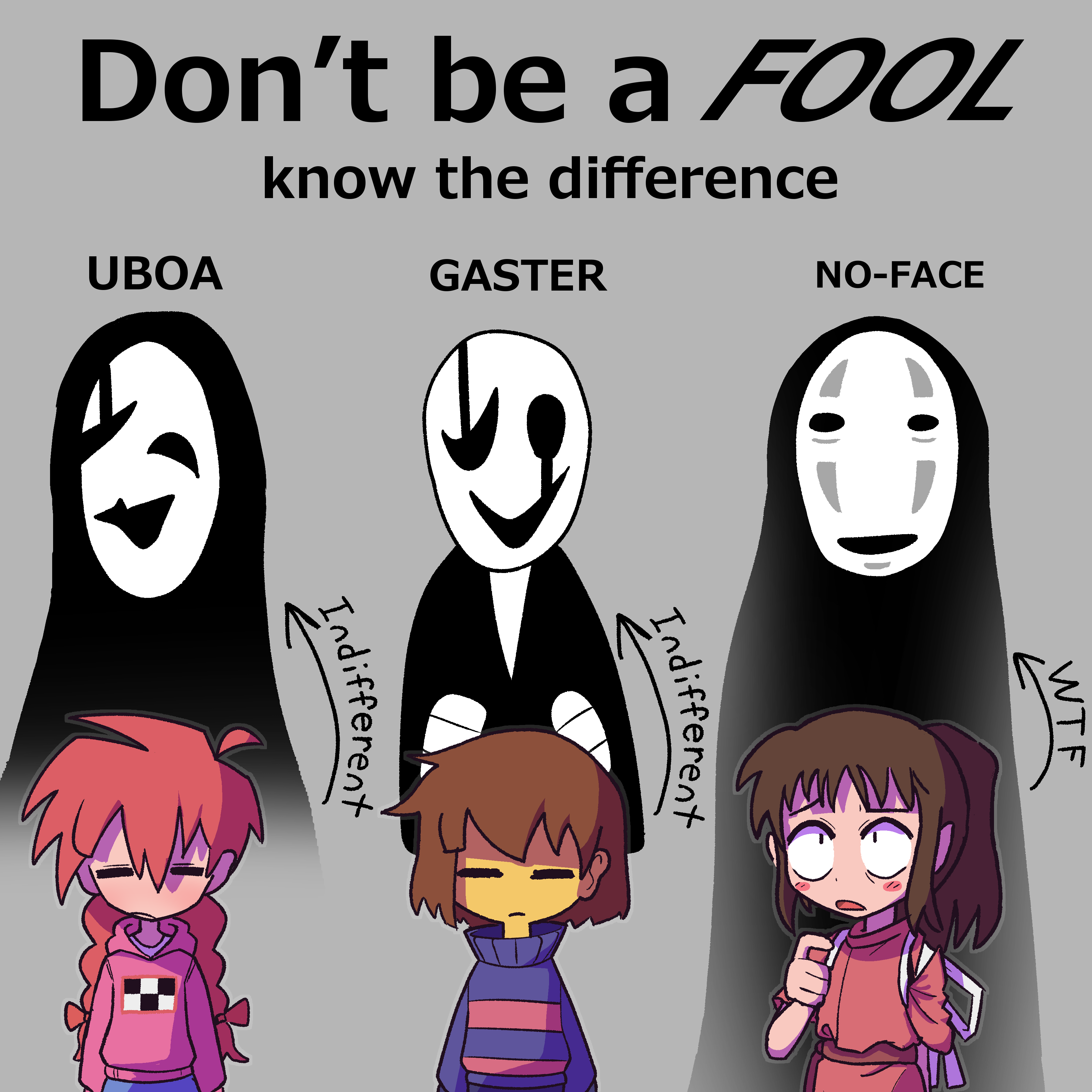 saghaley, frisk (undertale), kaonashi, madotsuki, ogino chihiro, uboa, w.d. gaster, sen to chihiro no kamikakushi, undertale, utdr (toby fox), yume nikki, absurdres, commentary, english commentary, highres, 1boy, 2girls, 3others, blush stickers, bow, braid, brown hair, character name, closed eyes, colored skin, english text, expressionless, grey background, hair bow, hood, hood down, hoodie, japanese clothes, long sleeves, look-alike, looking up, multiple girls, multiple others, ponytail, short hair, sweater, tasuki, twin braids, yellow skin