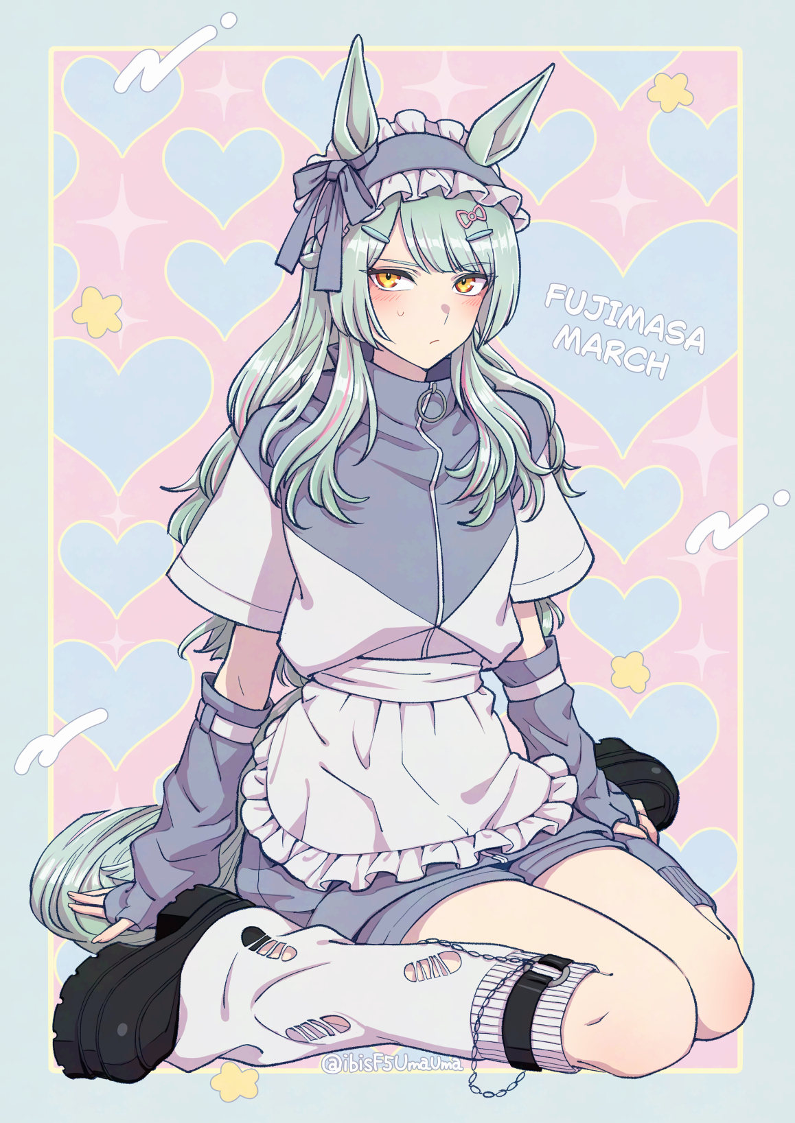 hi (ibisf5umauma), fujimasa march (umamusume), umamusume, umamusume: cinderella gray, commentary request, highres, 1girl, alternate costume, animal ears, apron, aqua tail, black boots, blue headdress, blue jacket, blush, boots, closed mouth, frilled apron, frills, grey hair, grey jacket, hair ornament, hairclip, hand warmer, heart, horse ears, horse girl, jacket, jersey maid, long hair, looking at viewer, loose socks, maid, maid apron, maid headdress, multicolored hair, pink hair, short sleeves, sitting, socks, solo, streaked hair, tail, thighs, torn clothes, torn socks, track jacket, unconventional maid, waist apron, wariza, white apron, white headdress, white socks, yellow eyes