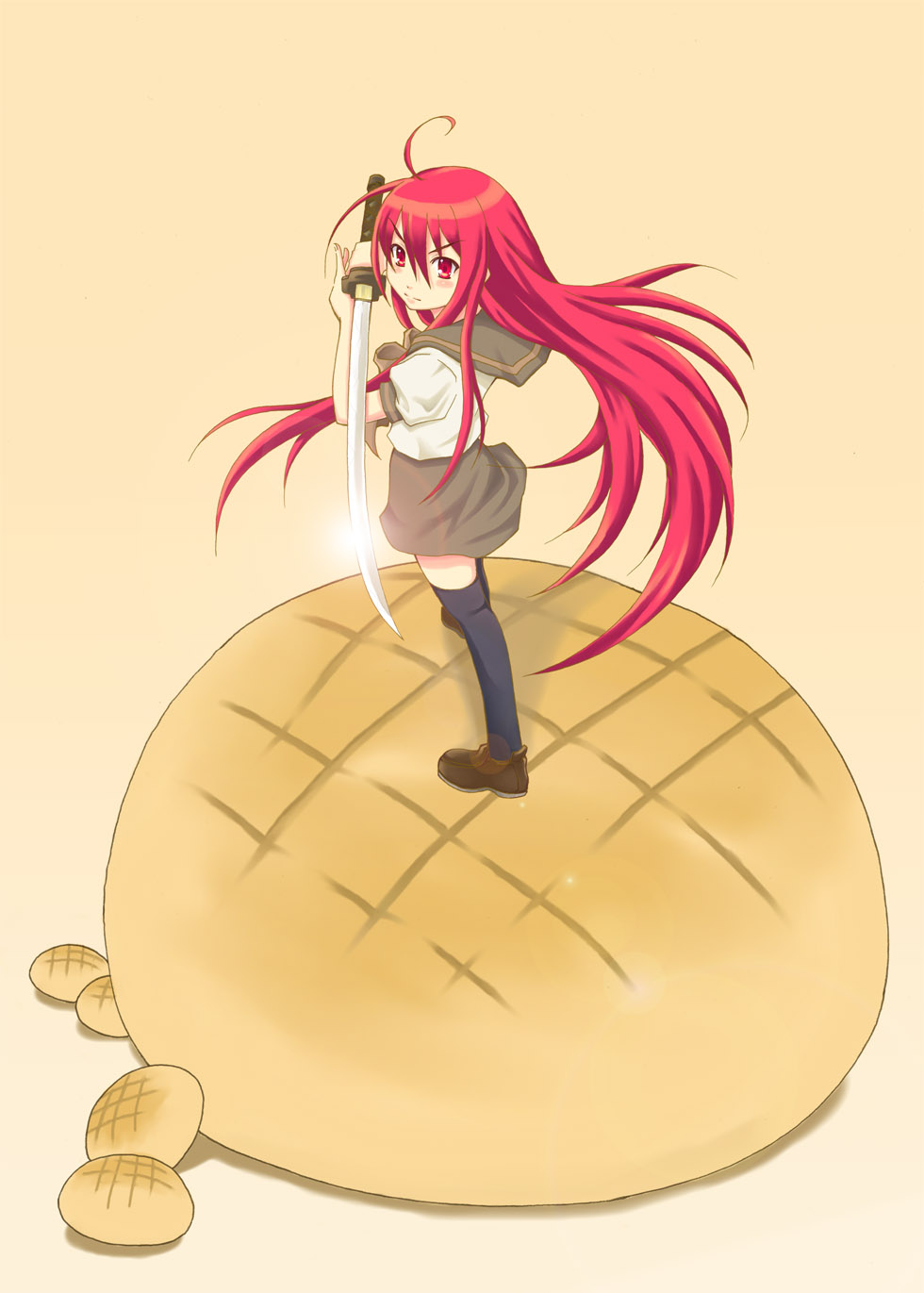 yuzaha, shana, shakugan no shana, bad id, bad pixiv id, highres, 00s, 1girl, bread, female focus, food, in food, katana, lens flare, long hair, melon bread, mini person, minigirl, red eyes, red hair, school uniform, solo, sword, thighhighs, weapon