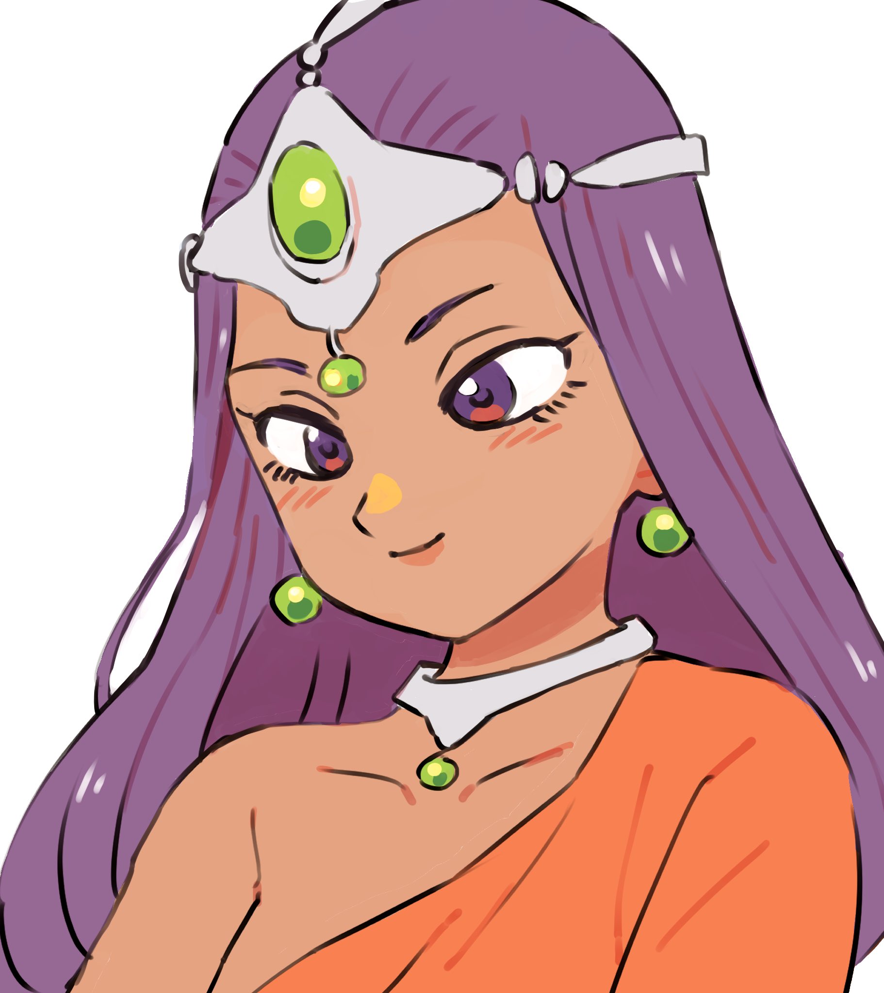 gan2, minea (dq4), dragon quest, dragon quest iv, highres, 1girl, alternate eye color, asymmetrical dress, circlet, dark-skinned female, dark skin, dress, earrings, forehead jewel, gem, green gemstone, jewelry, light blush, long dress, long hair, long sleeves, looking down, neck ring, orange dress, purple eyes, purple hair, silver circlet, single bare shoulder, single sleeve, smile, solo, sphere earrings, upper body