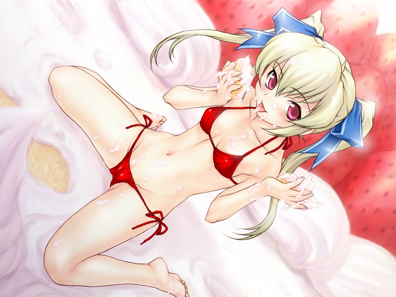 joy ride, libido, kukurui arisa, trouble! sister room, game cg, non-web source, 1girl, barefoot, bikini, blonde hair, cake, cameltoe, dutch angle, eating, female focus, flat chest, food, fruit, hair ribbon, in food, long hair, lowleg, lowleg bikini, mini person, minigirl, navel, pastry, pink eyes, red bikini, red eyes, ribbon, sexually suggestive, side-tie bikini bottom, sitting, solo, strawberry, swimsuit, tongue, twintails, wariza