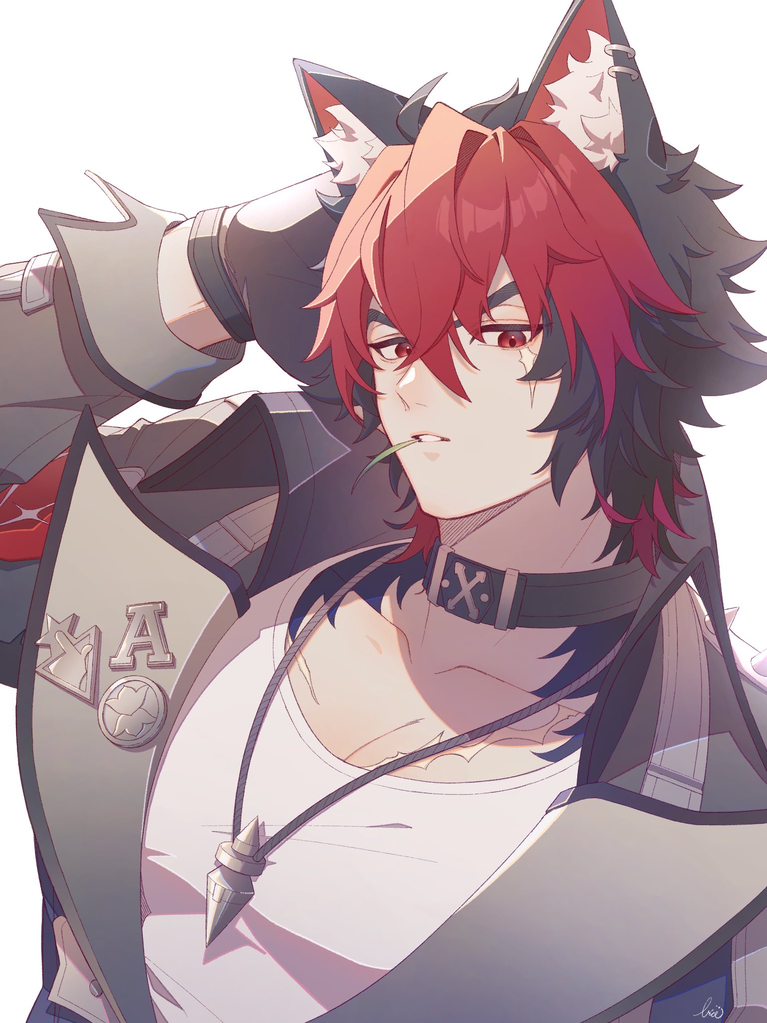 hydrangea salty, komano manato, zenless zone zero, commentary request, highres, 1boy, animal ear fluff, animal ear piercing, animal ears, arm up, beauceron, black choker, black gloves, black hair, black jacket, choker, collared jacket, crew neck, double-parted bangs, earrings, gloves, jacket, jewelry, lapels, looking to the side, male focus, mouth hold, multicolored hair, necklace, parted lips, piercing, red eyes, red hair, scar, scar across eye, scar on face, shirt, short hair, sideways glance, simple background, solo, stalk in mouth, teeth, upper body, white background, white shirt, wing collar