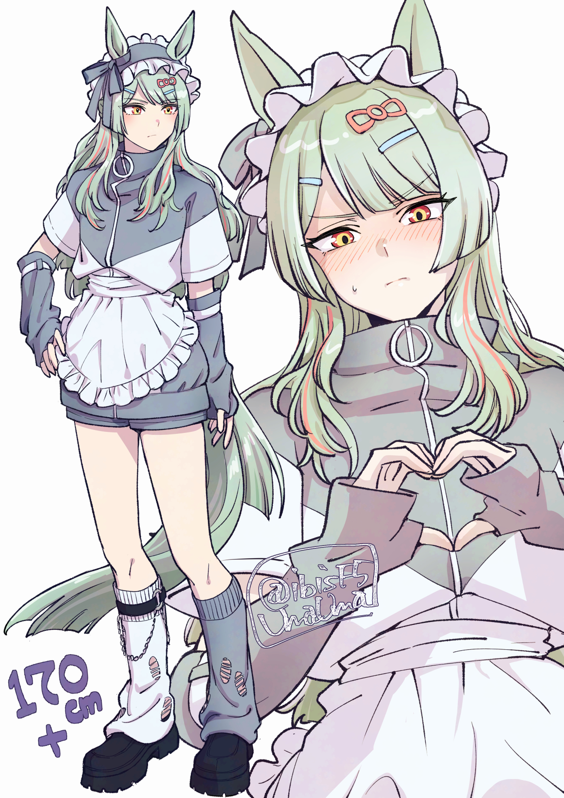 hi (ibisf5umauma), fujimasa march (umamusume), umamusume, umamusume: cinderella gray, highres, 1girl, alternate costume, animal ears, apron, aqua tail, black boots, blue headdress, blue jacket, blue socks, blush, boots, closed mouth, frilled apron, frills, grey hair, grey jacket, hair ornament, hairclip, hand warmer, heart, heart-shaped pupils, horse ears, horse girl, jacket, jersey maid, long hair, looking at viewer, loose socks, maid, maid apron, maid headdress, mismatched socks, multicolored hair, pink hair, short sleeves, simple background, socks, standing, streaked hair, sweatdrop, symbol-shaped pupils, tail, thighs, torn clothes, torn socks, track jacket, unconventional maid, waist apron, white apron, white background, white headdress, white socks, yellow eyes
