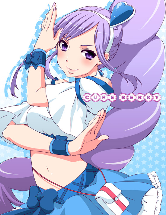 kuroo (project apricot), aono miki, cure berry, fresh precure!, precure, 00s, 1girl, blue skirt, female focus, hair ornament, heart, heart hair ornament, magical girl, navel, purple eyes, purple hair, skirt, smile, solo