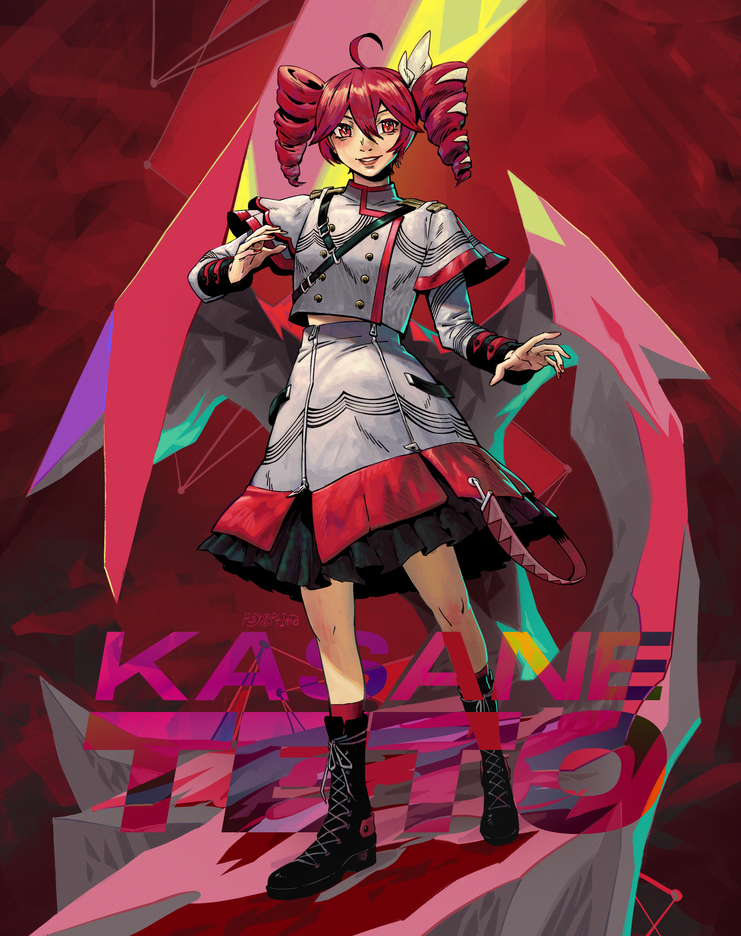 psyoptima, kasane teto, kasane teto (sv), synthesizer v, utau, absurdres, commentary, english commentary, highres, 1girl, ahoge, artist name, character name, drill hair, red eyes, red hair, red nails, solo, twin drills