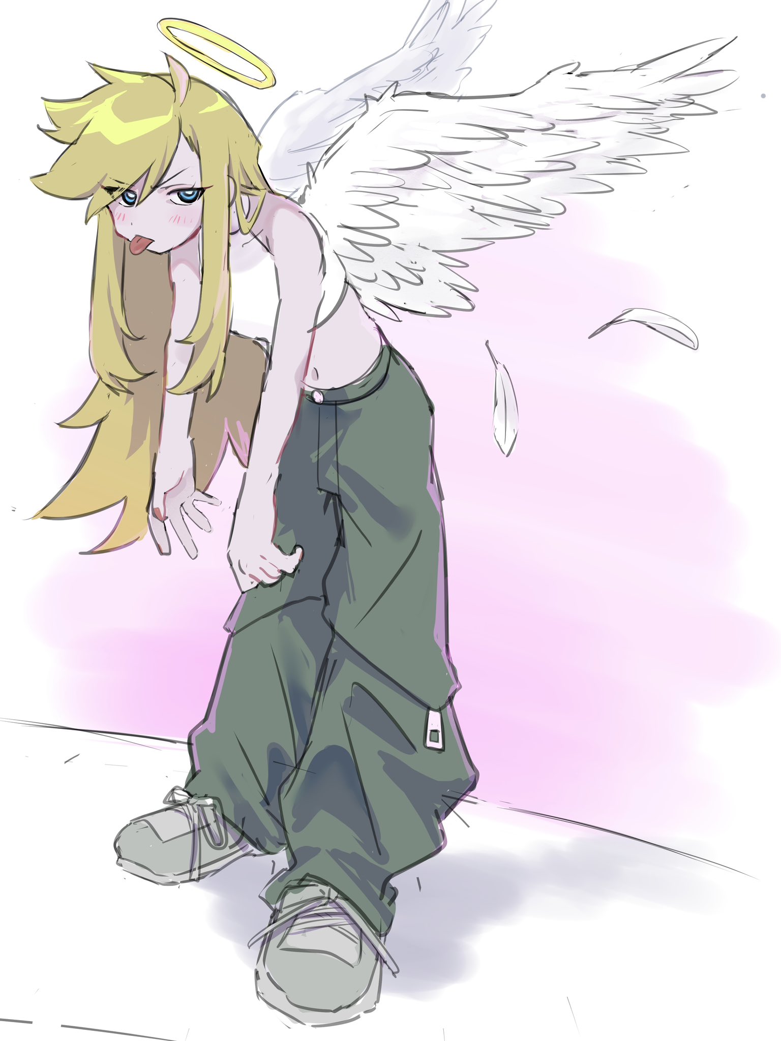 ushioreo, panty (psg), panty & stocking with garterbelt, commentary request, highres, 1girl, angel, angel wings, baggy pants, blonde hair, blue eyes, crop top, feathered wings, feathers, halo, jitome, leaning forward, long hair, midriff, nail polish, navel, pants, shoes, sketch, sneakers, solo, tongue, tongue out, very long hair, wings