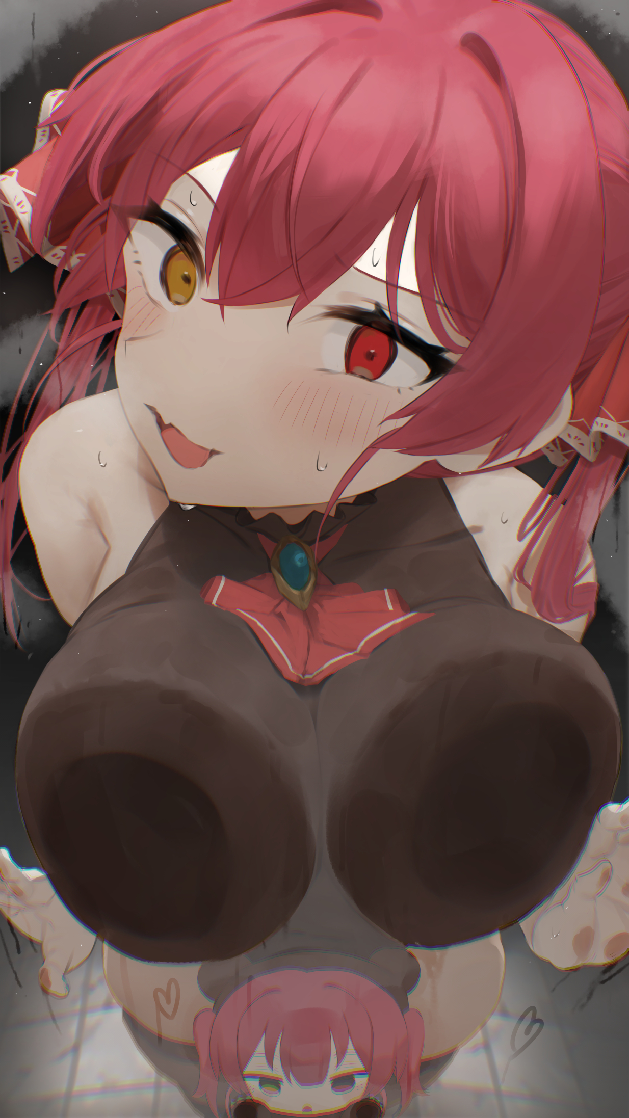 ponnu (nikeytina), houshou marine, hololive, highres, 1girl, against glass, ascot, black shirt, black thighhighs, blue gemstone, blush, breast press, breasts, breasts on glass, chibi, condensation, dress, embarrassed, fang, gem, glass writing, hair ribbon, hand on glass, heterochromia, large breasts, long hair, open mouth, orange dress, red ascot, red eyes, red hair, red ribbon, ribbon, shirt, skin fang, sleeveless, sleeveless shirt, solo, sweatdrop, thighhighs, thighs, twintails, virtual youtuber