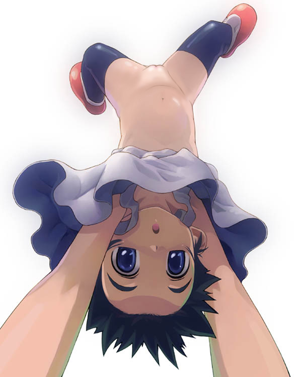 satou toshiyuki, minagi mikoto, my-hime, original, source request, 00s, 1girl, clothes lift, dress, dress lift, female focus, handstand, loli, navel, no panties, pussy, red shoes, shoes, solo, thighhighs, upside-down
