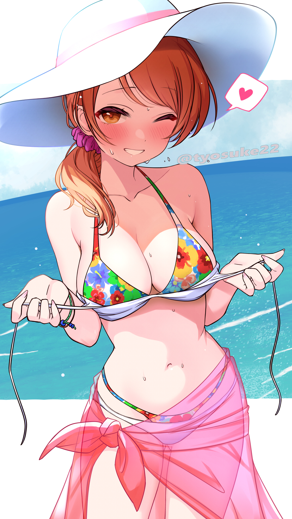 chiyosuke (nosuke21), hojo karen, idolmaster, idolmaster cinderella girls, highres, revision, 1girl, bare shoulders, bikini, blush, breasts, brown eyes, cleavage, collarbone, floral print, floral print bikini, gluteal fold, grin, hat, layered bikini, long hair, medium breasts, navel, ocean, one eye closed, orange hair, ponytail, print bikini, red sarong, sarong, scrunchie, see-through clothes, see-through sarong, smile, solo, sun hat, swept bangs, swimsuit, thighs, white bikini, wristband