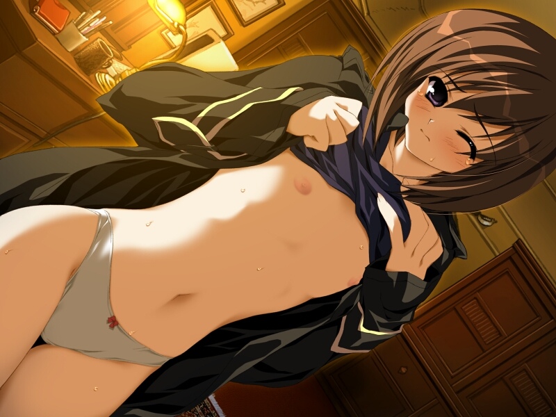 motoyon, kirishima kaori, moekan, game cg, 1girl, blush, brown hair, clothes lift, dutch angle, embarrassed, female focus, flat chest, nipples, no bra, one eye closed, panties, purple eyes, shirt lift, short hair, solo, sweat, tears, underwear, wink