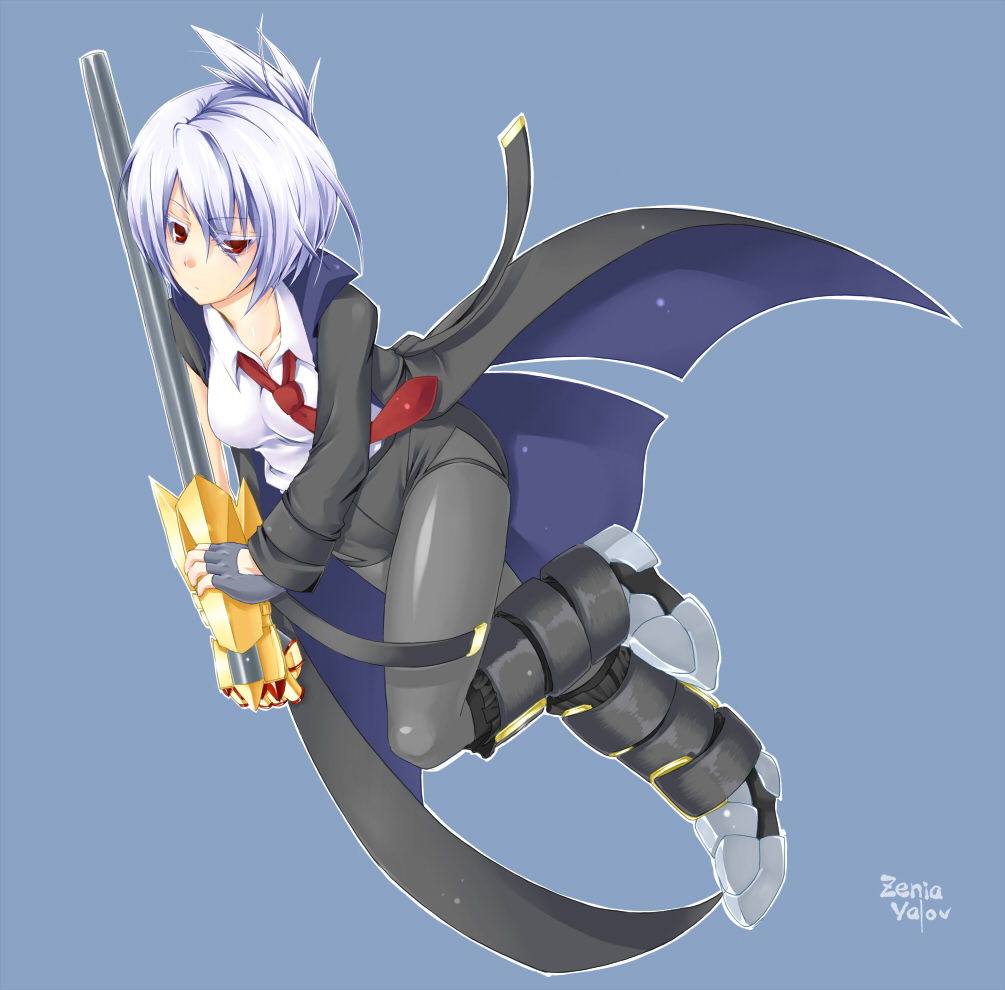 torimaru, zenia valov, aq interactive, arcana heart, arcana heart 2, atlus, examu, bad id, bad pixiv id, 1girl, female focus, fingerless gloves, folded ponytail, gloves, necktie, pantyhose, pile bunker, red eyes, short hair, solo, weapon, white hair
