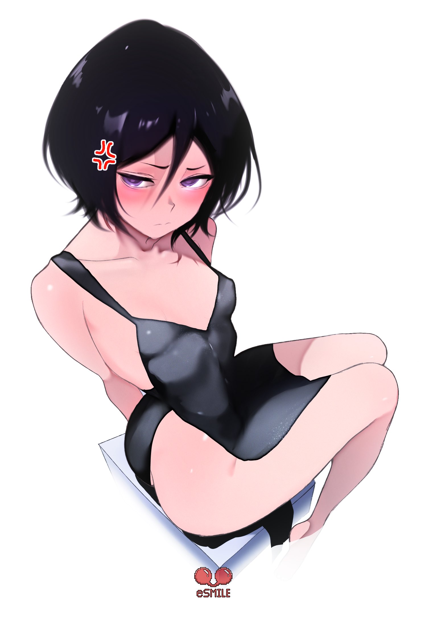 esmile, kuchiki rukia, bleach, bleach: sennen kessen-hen, highres, 1girl, artist name, bare shoulders, barefoot, black dress, black hair, blush, breasts, closed mouth, collarbone, dress, female focus, medium hair, simple background, sitting, small breasts, thighs, white background
